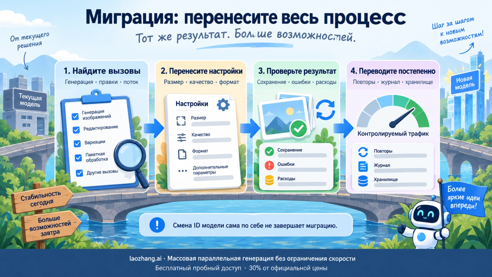 Четыре этапа миграции: найти вызовы, перенести параметры, проверить файлы и расходы, затем постепенно переводить процесс.