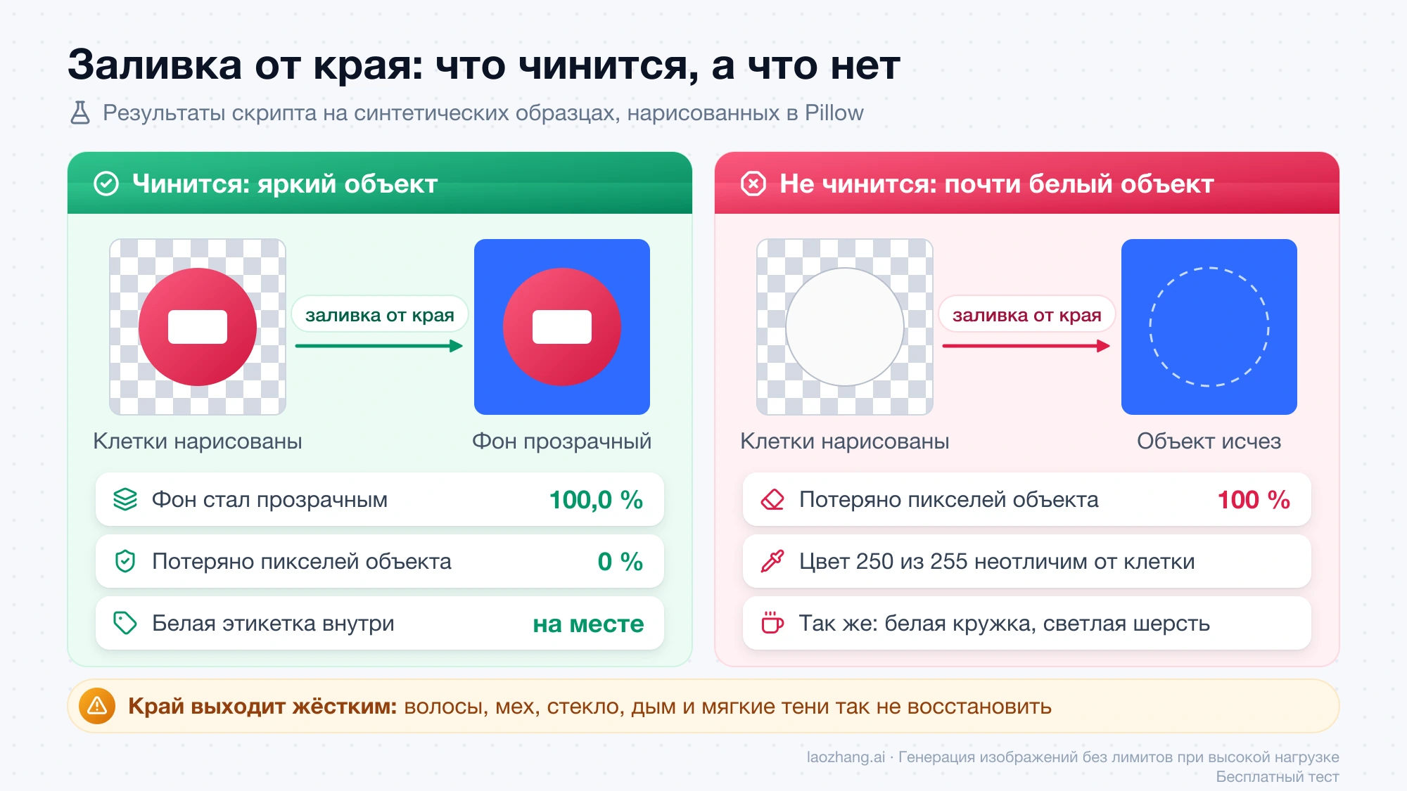 Граница применимости заливки от края: яркий объект с белой этикеткой сохраняется на прозрачном фоне, почти белый объект исчезает целиком