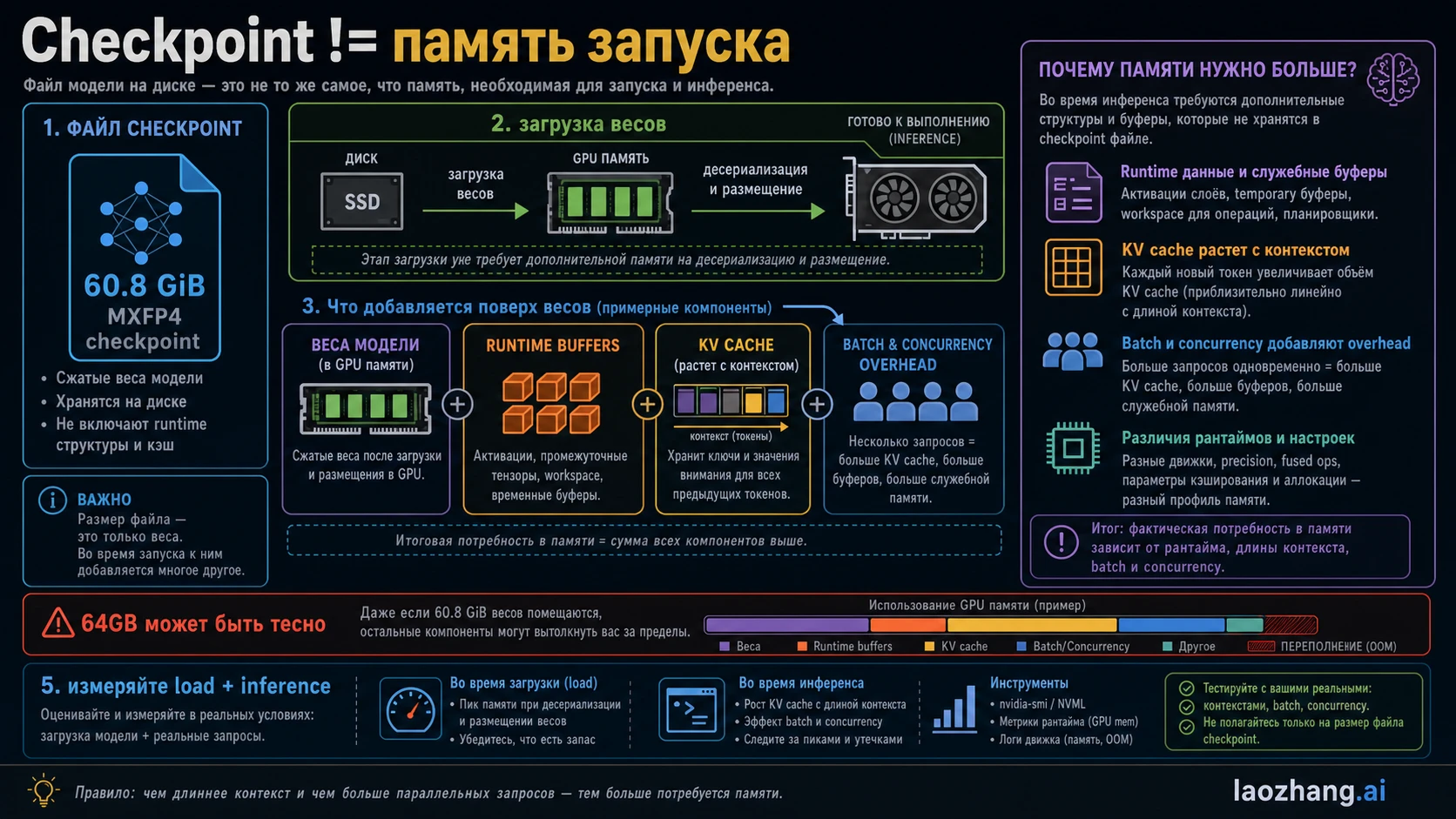 Checkpoint, runtime buffers и контекстная память GPT-OSS 120B