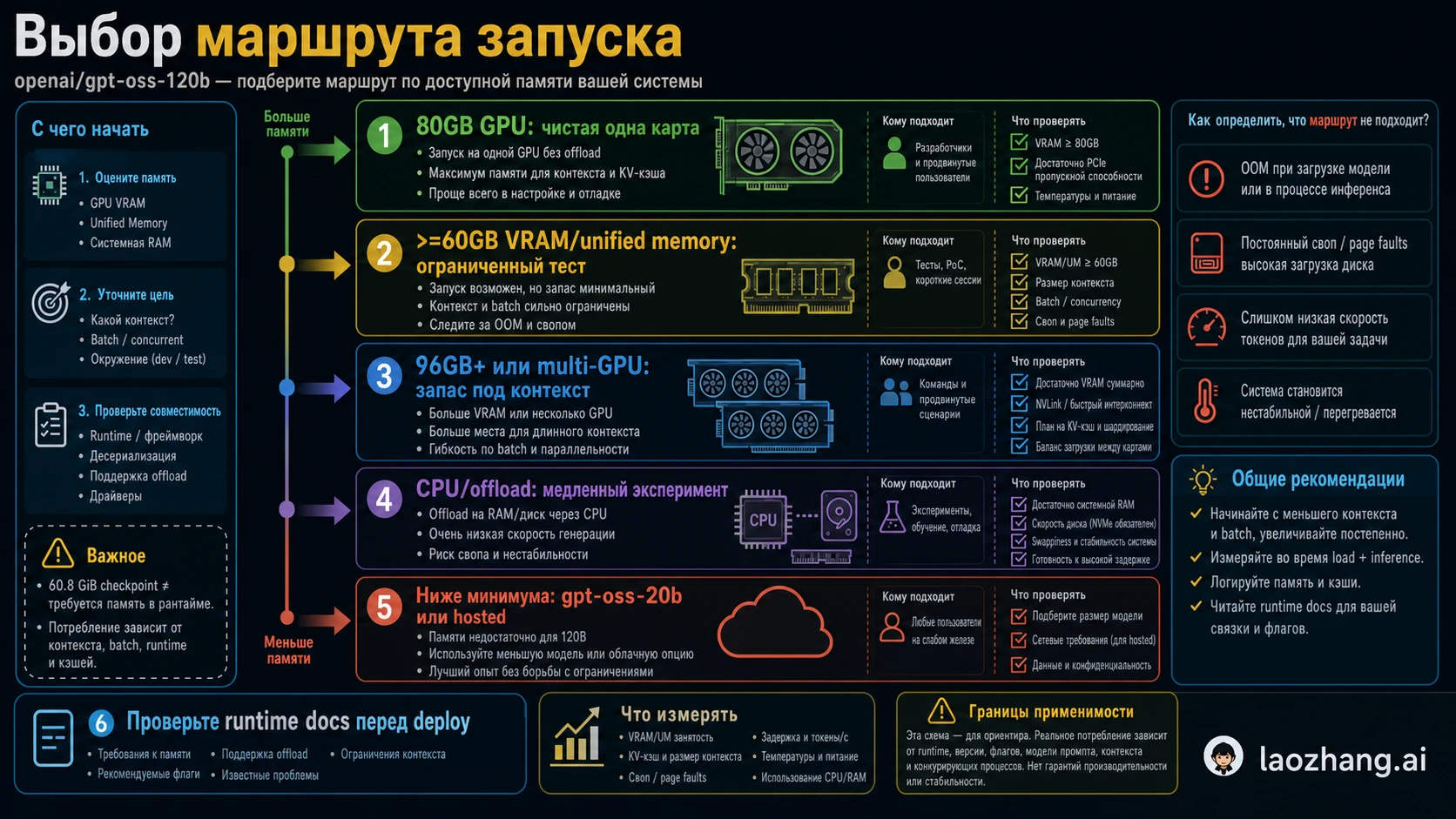 Выбор runtime route для GPT-OSS 120B: 80GB GPU, 60GB floor, multi-GPU, offload, 20B и hosted
