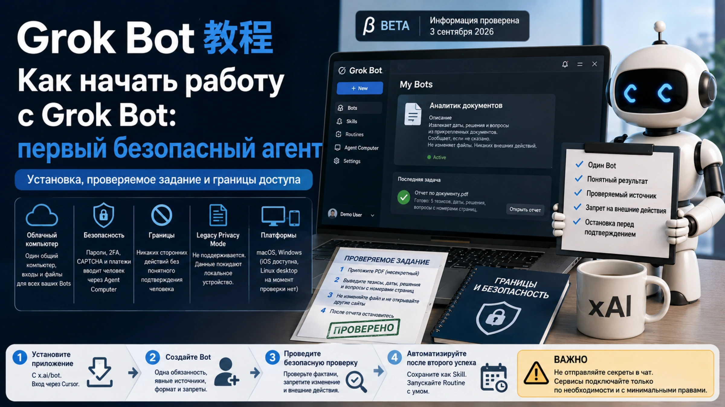 Визуальный путь начала работы с Grok Bot от проверки доступа до безопасного задания