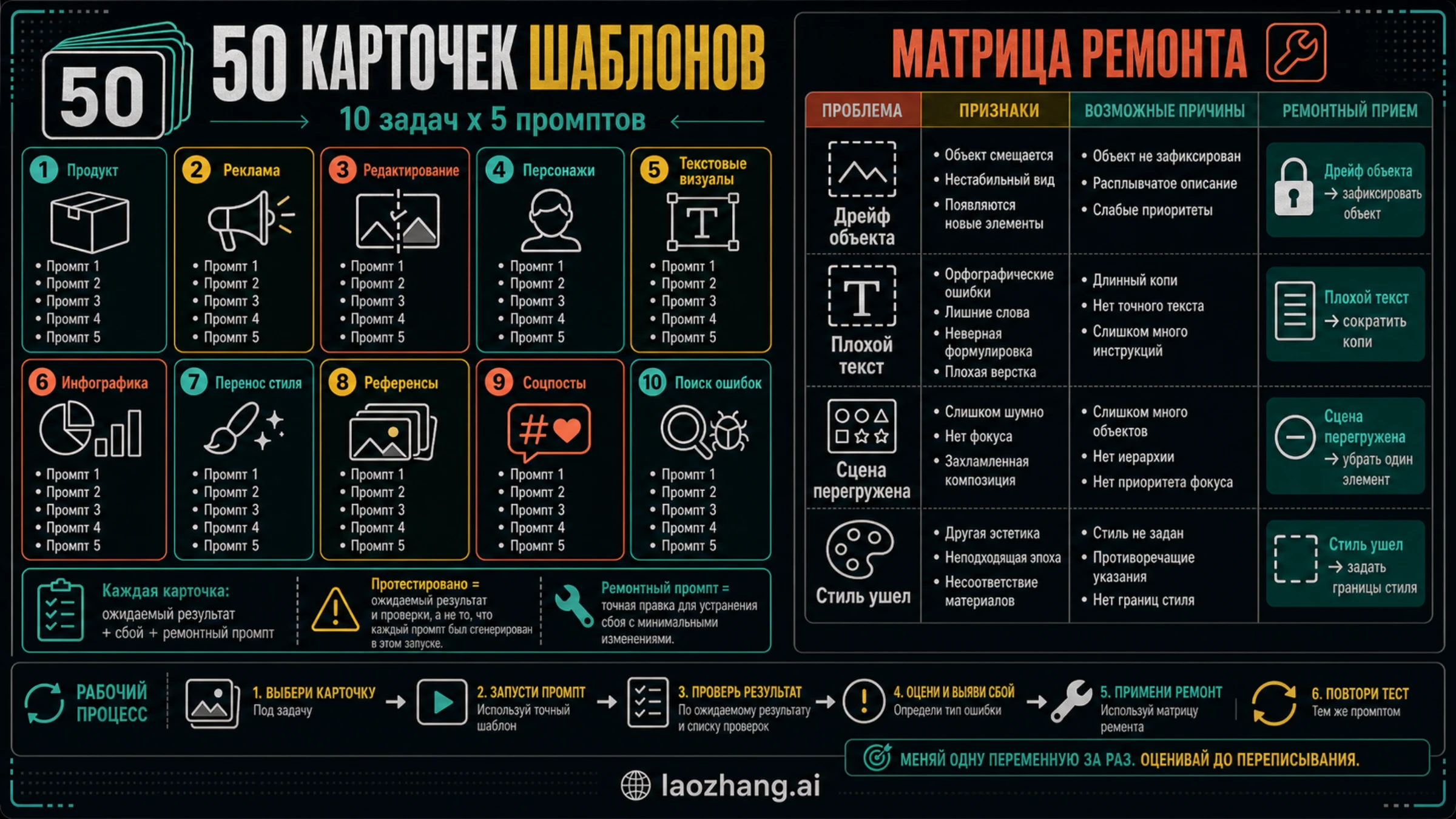 Категории и матрица ремонта для 50 шаблонов Nano Banana
