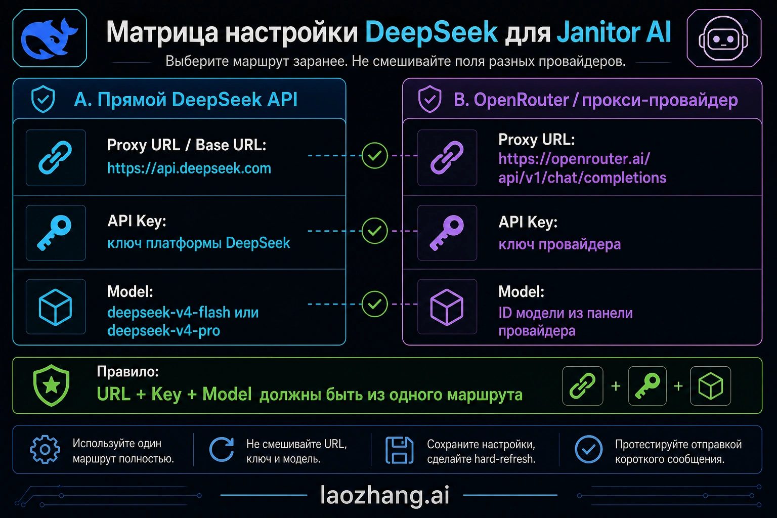 Codex-generated матрица полей для прямого DeepSeek и provider proxy в Janitor AI