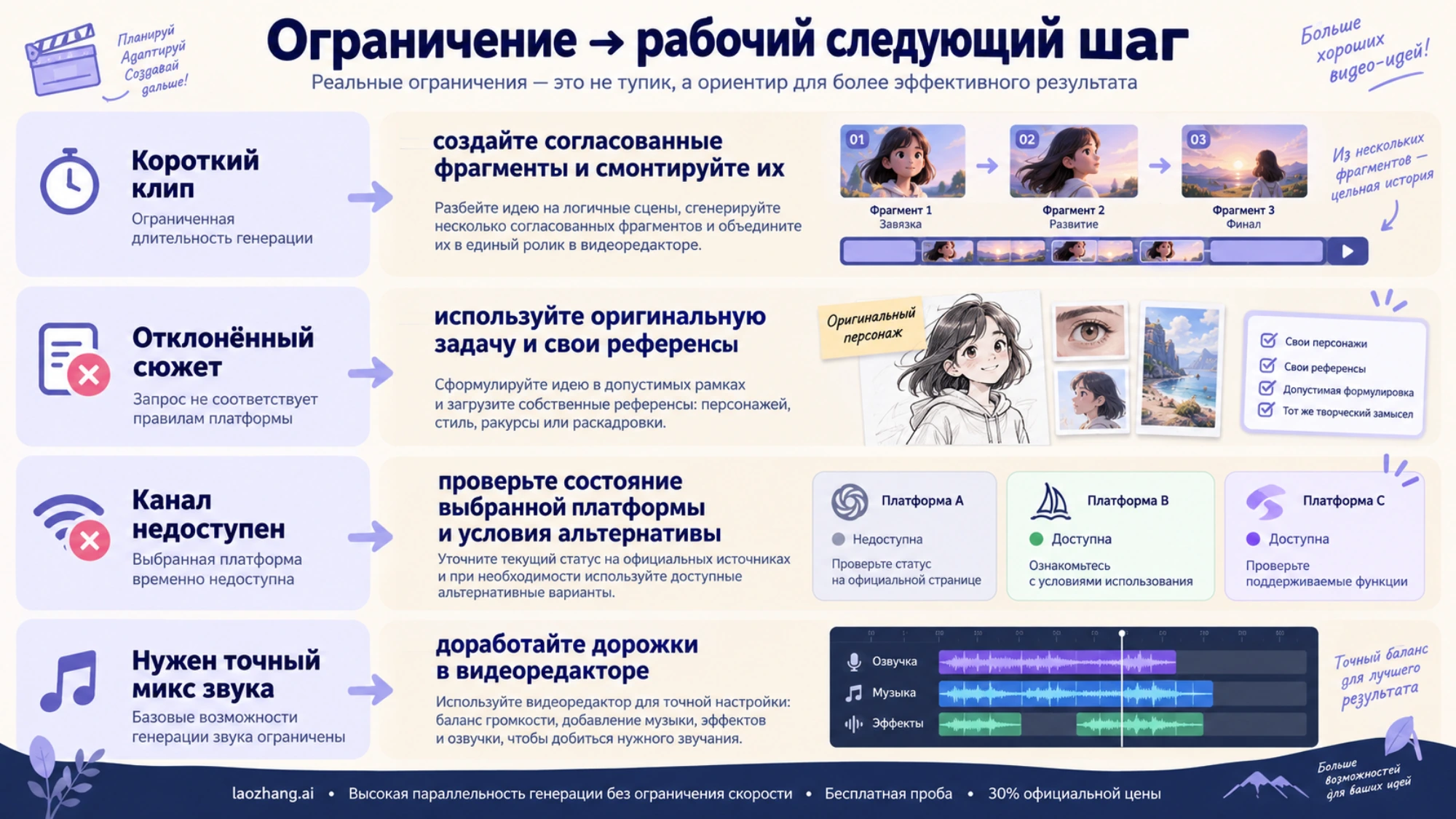 Монтаж коротких клипов, оригинальные референсы, проверка доступа и доработка звука