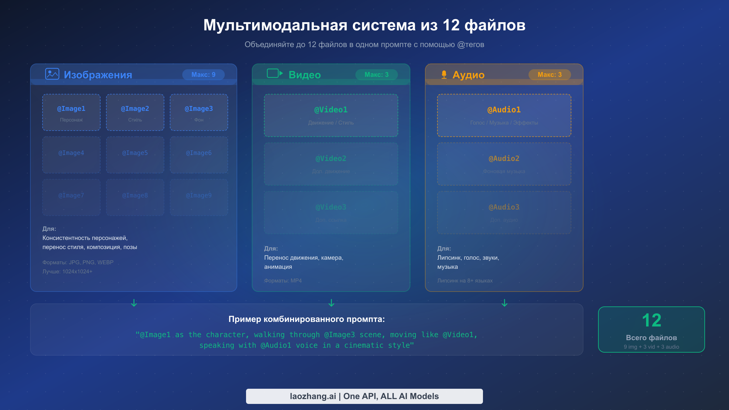 Мультимодальная система референсов из 12 файлов: 9 слотов для изображений, 3 для видео и 3 для аудио