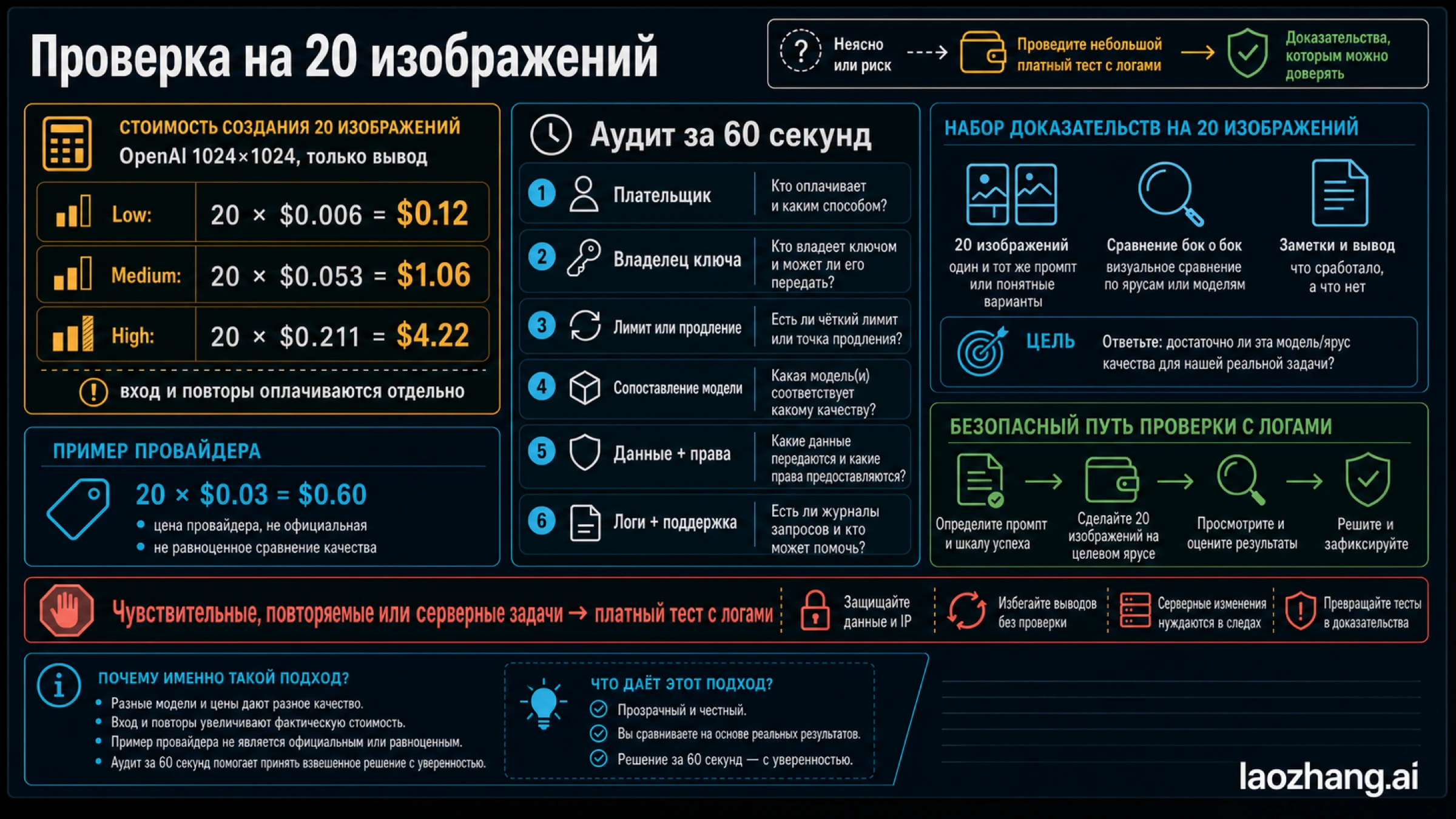 Расчёт стоимости 20 изображений GPT Image 2 и шестипунктовая проверка с правилом перехода к платному тесту