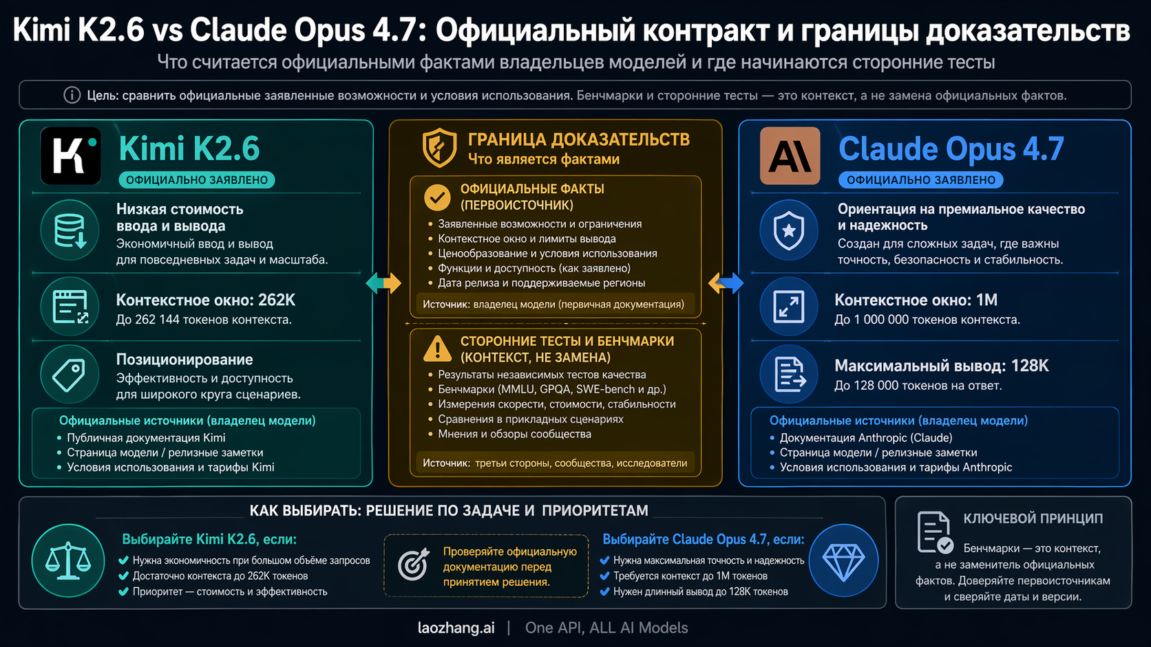 Таблица официального контракта Kimi K2.6 и Claude Opus 4.7