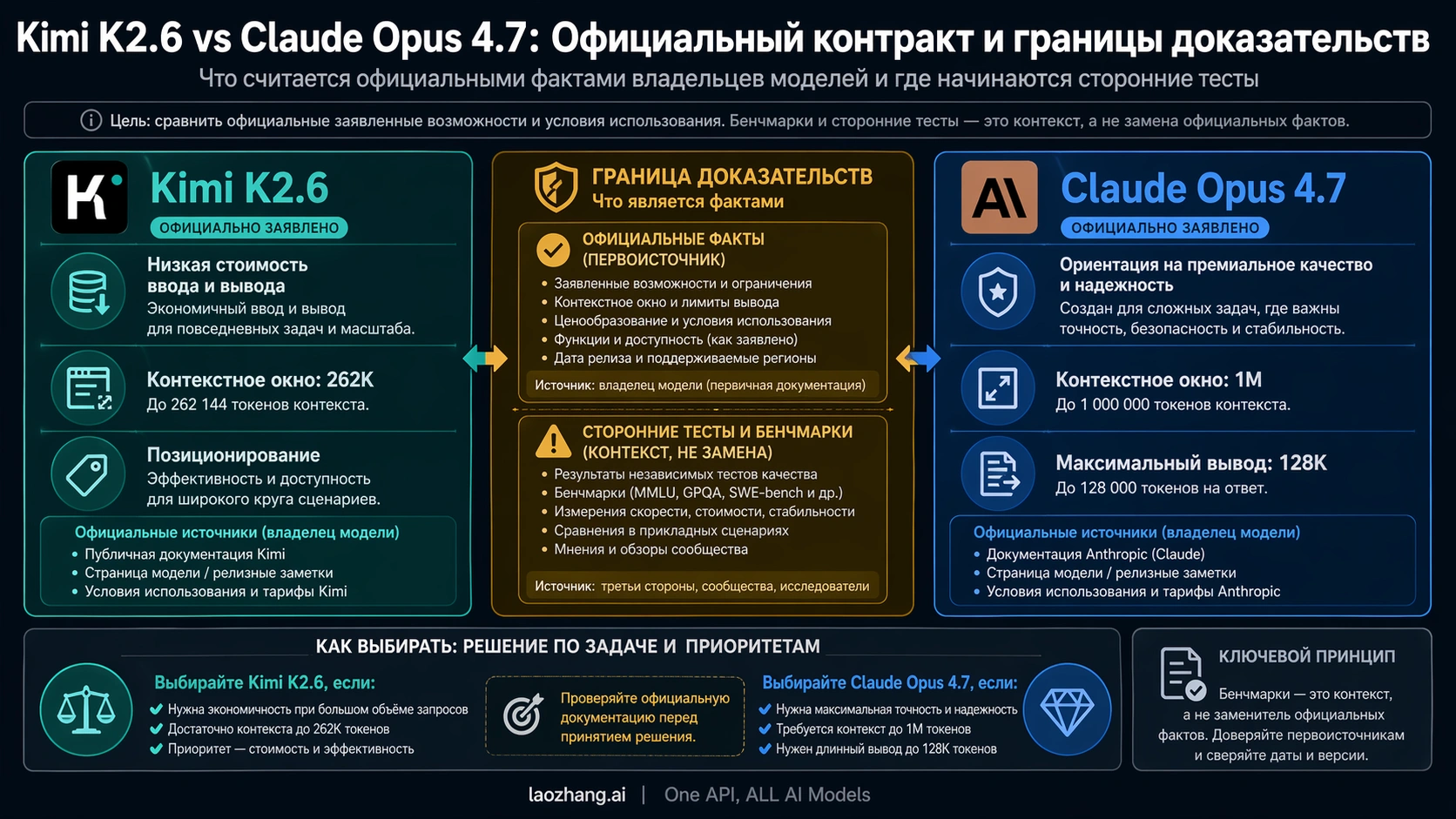 Таблица официального контракта Kimi K2.6 и Claude Opus 4.7