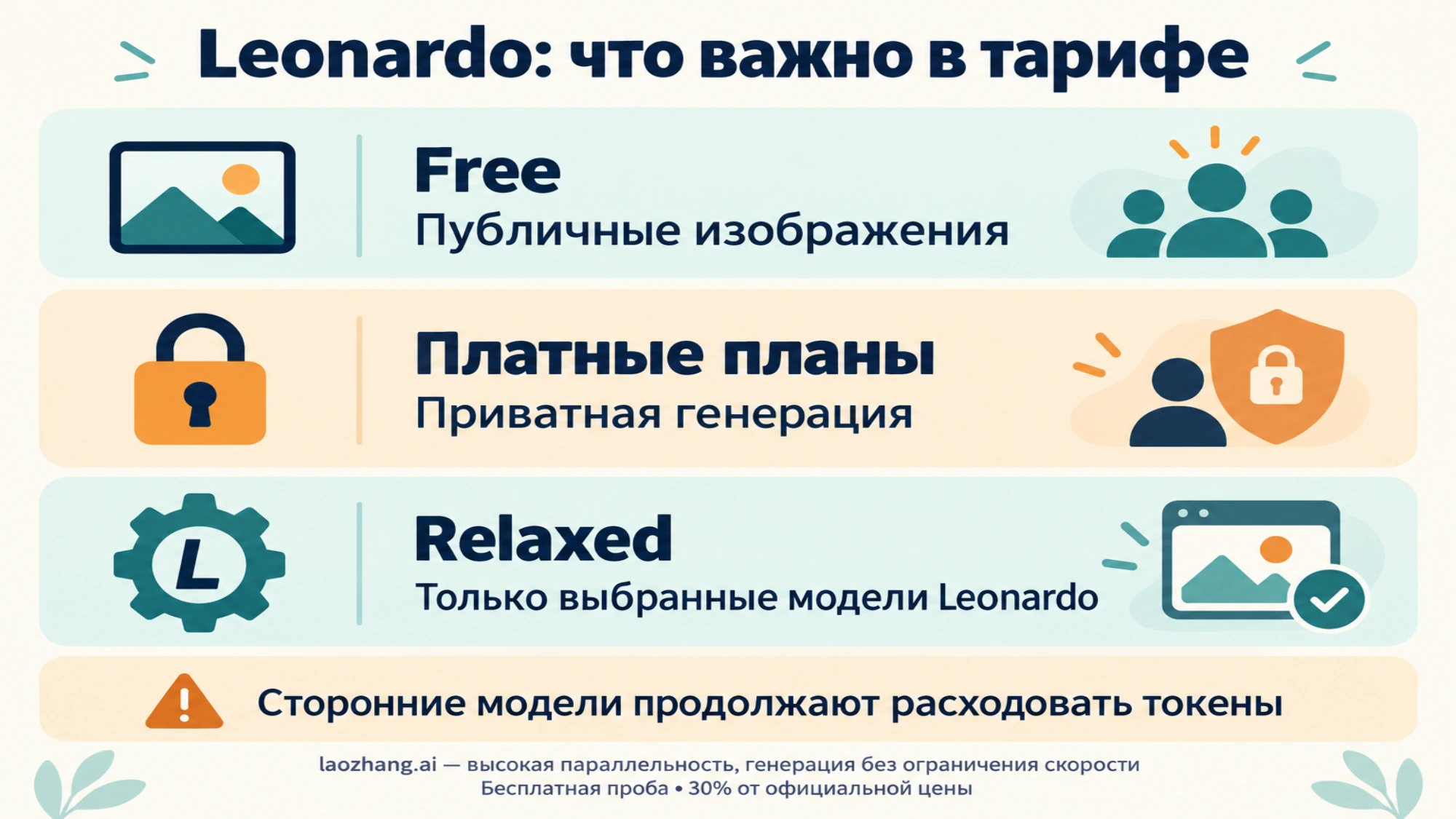 Основные ограничения тарифов Leonardo: публичный Free, приватные платные планы и выбранные модели Relaxed