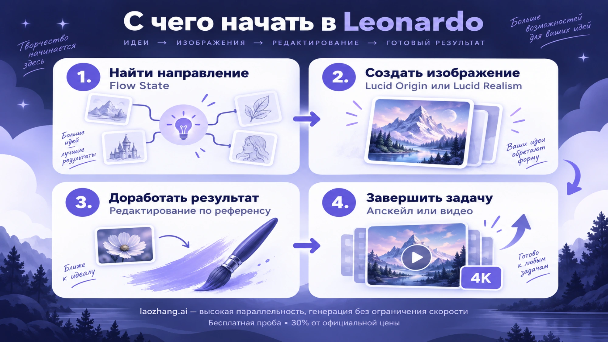 Четыре этапа работы в Leonardo: поиск направления, генерация, редактирование и апскейл или видео