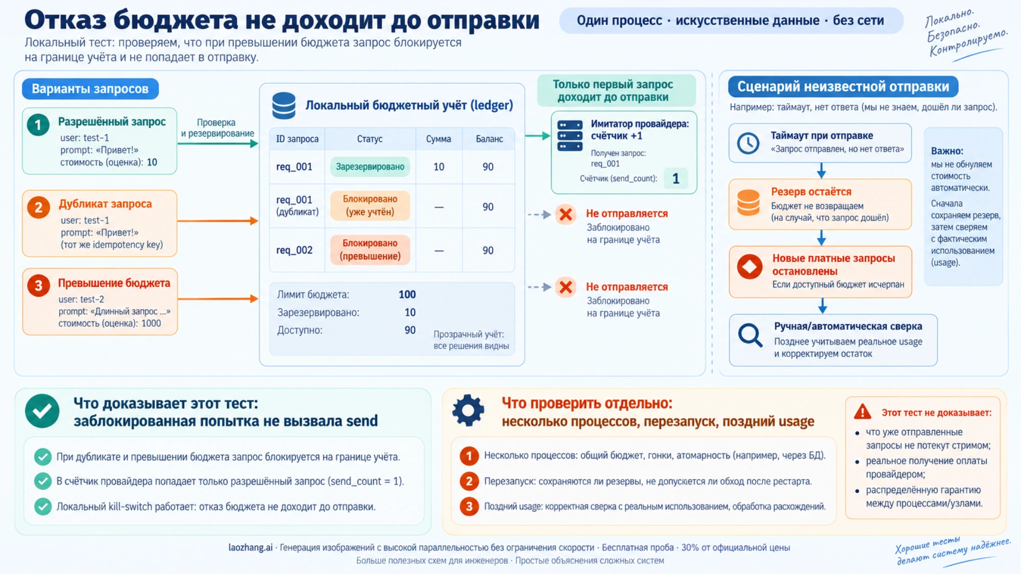 Локальный имитатор считает только разрешённую отправку: повтор и превышение бюджета блокируются до send, неизвестный расход остаётся на сверке