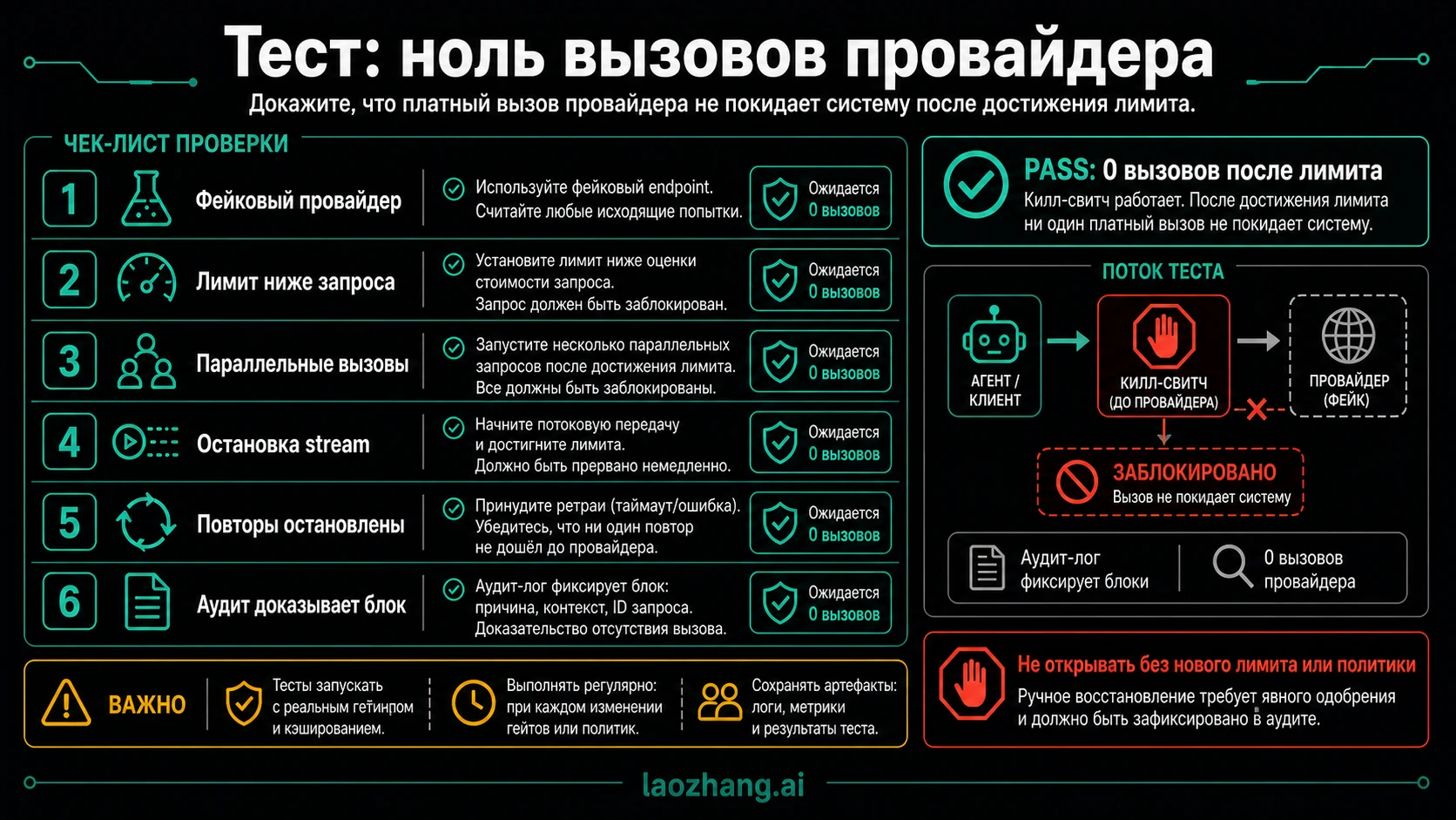 Проверочный список no-provider-call: fake provider, low cap, parallel calls, streaming abort, retry stop и audit proof.