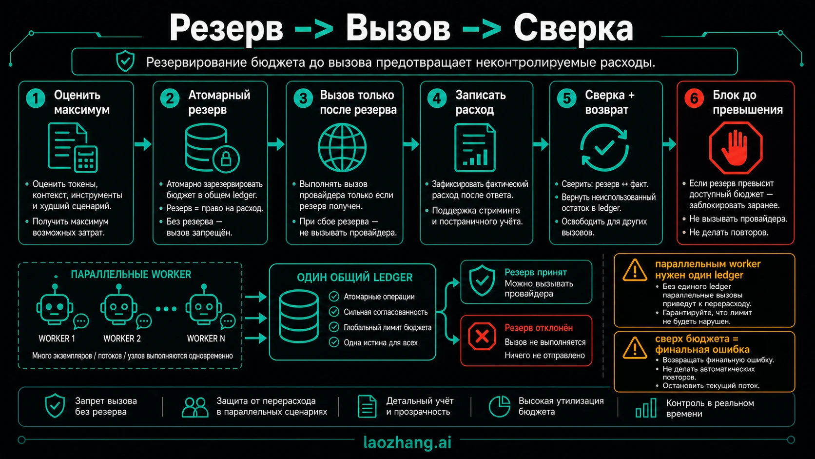 Процесс reserve-call-reconcile: оценка максимальной стоимости, атомарное резервирование, вызов провайдера, запись usage, сверка и блокировка до превышения.