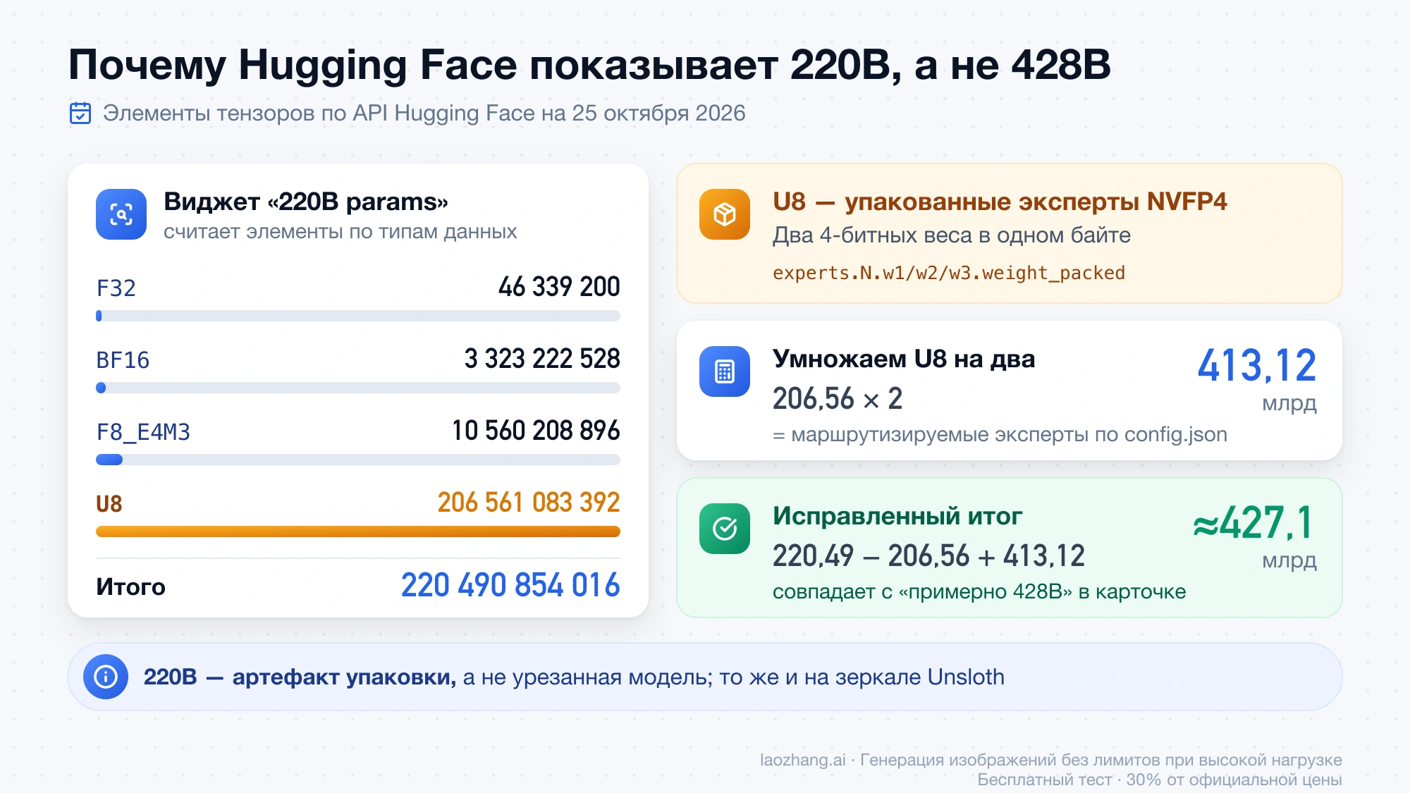 Почему виджет Hugging Face показывает 220B: элементы U8 — это упакованные 4-битные эксперты, после умножения на два итог около 427,1 млрд параметров