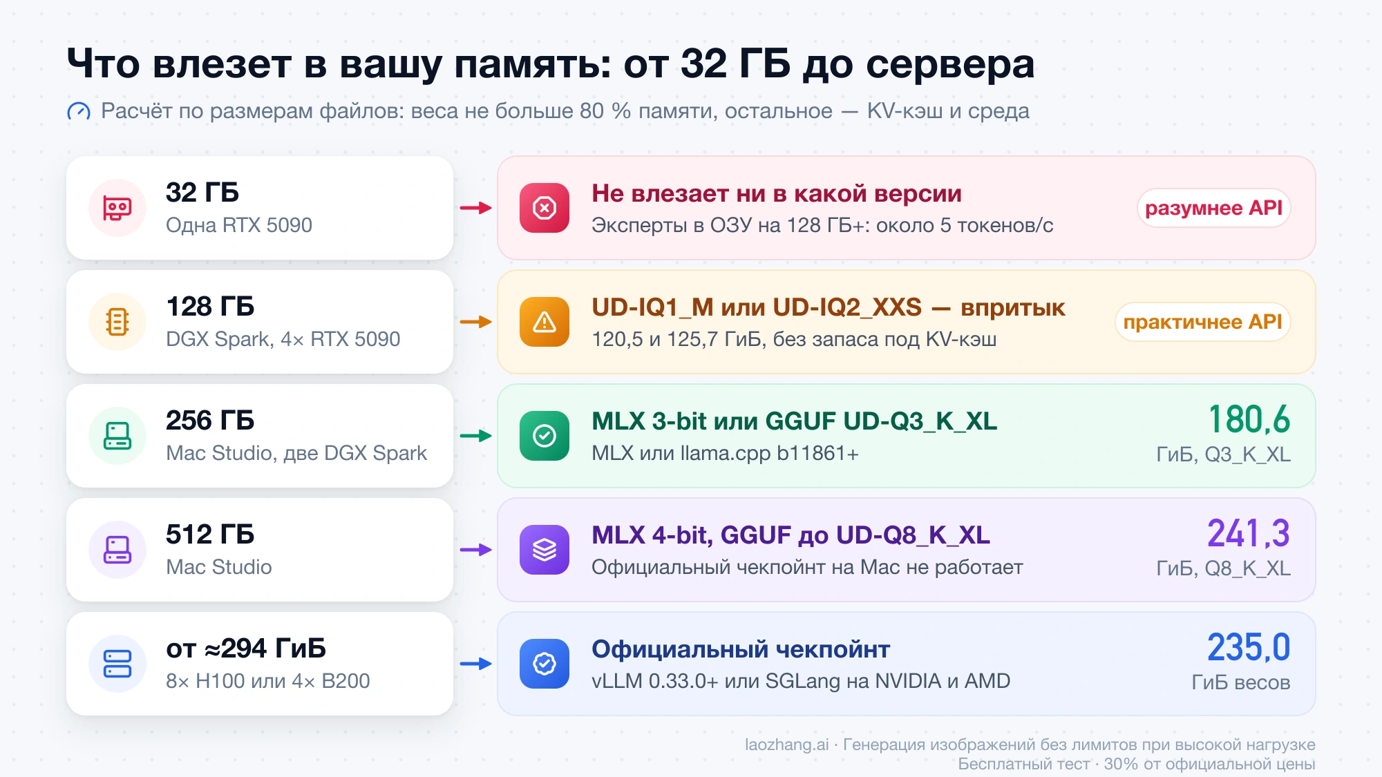 Что из версий MiniMax M3.1 Flash помещается в 32, 128, 256 и 512 ГБ памяти и с какого объёма запускается официальный чекпойнт