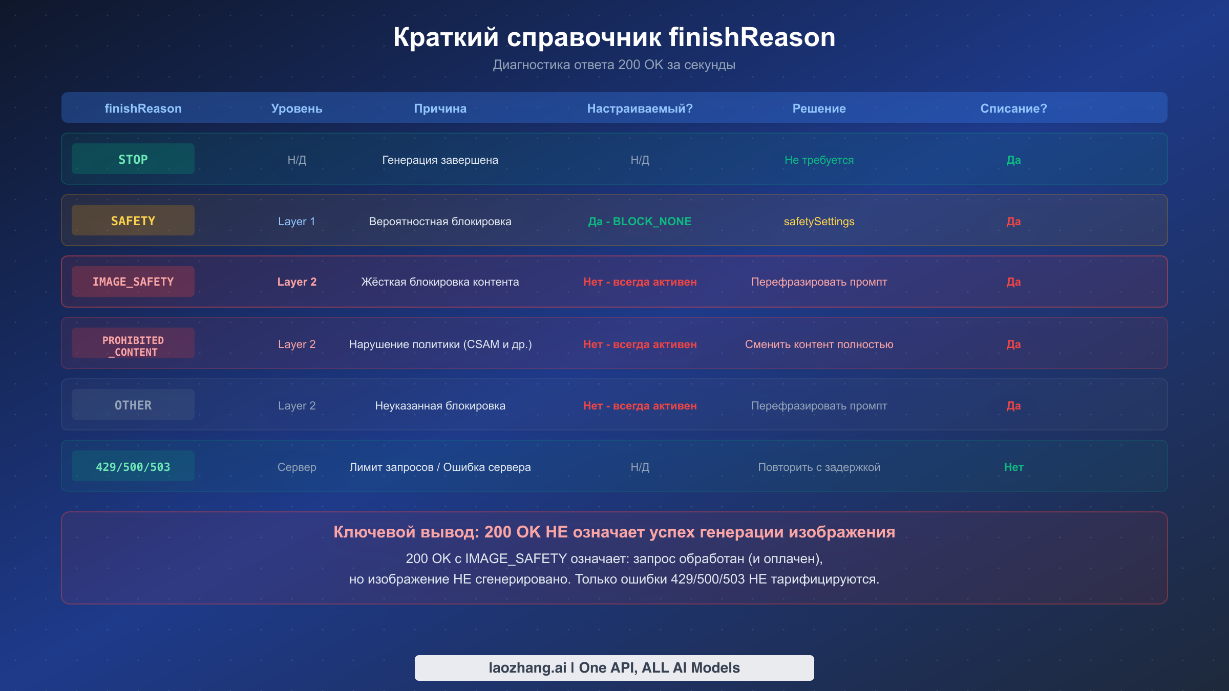 Справочная таблица значений finishReason с указанием причины, способа исправления и статуса тарификации для каждого типа ответа