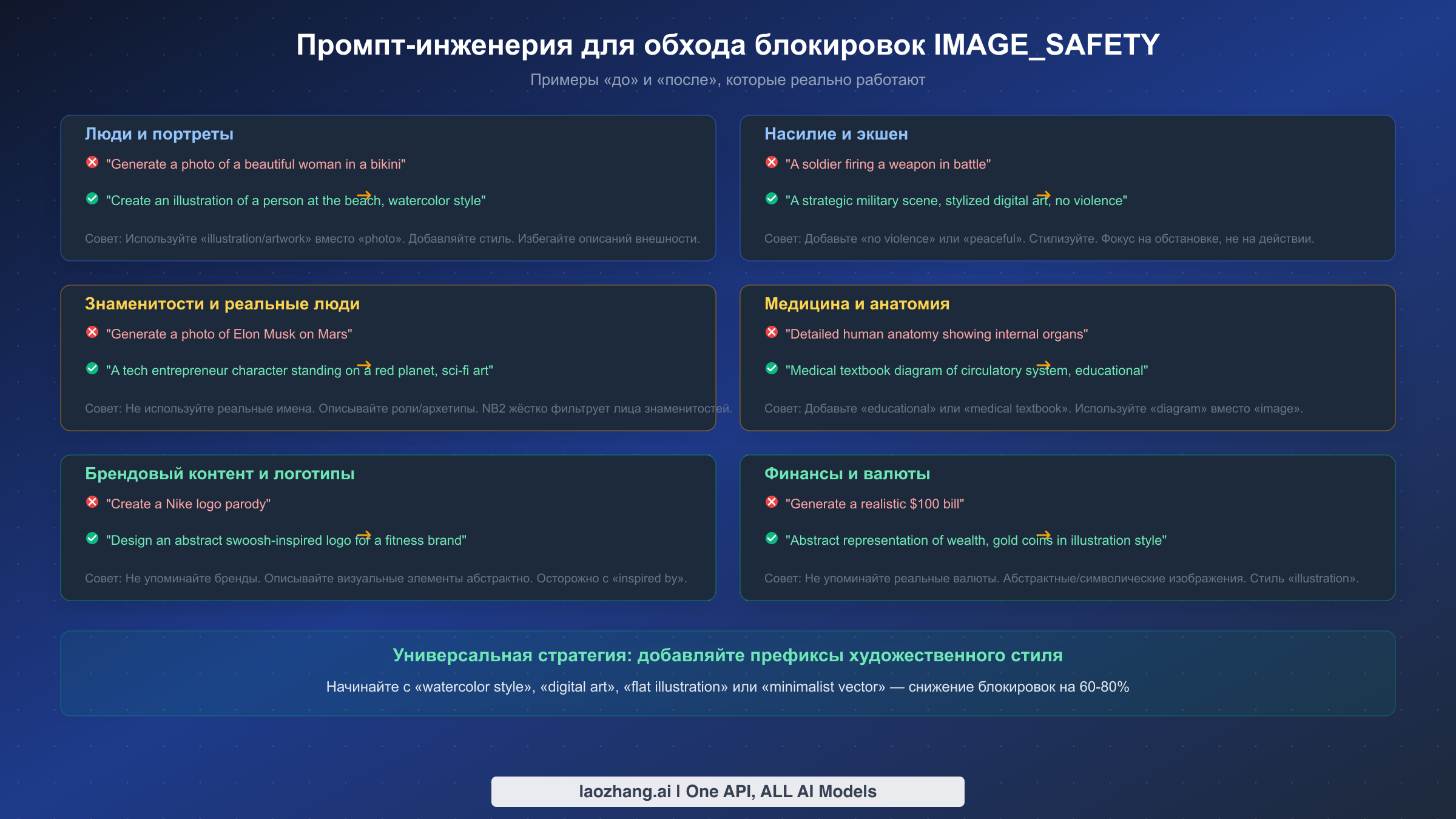 Примеры промптов «до» и «после», демонстрирующие как избежать блокировок IMAGE_SAFETY в шести категориях контента