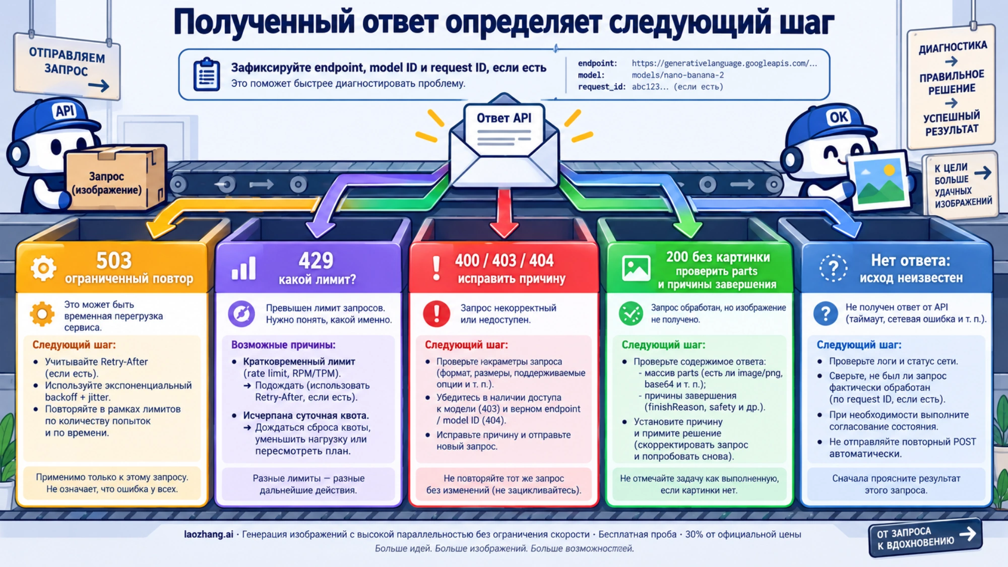 Действия по ответу Nano Banana 2: ограниченный повтор 503, уточнение лимита 429, исправление запроса, проверка изображения и сверка неизвестного исхода