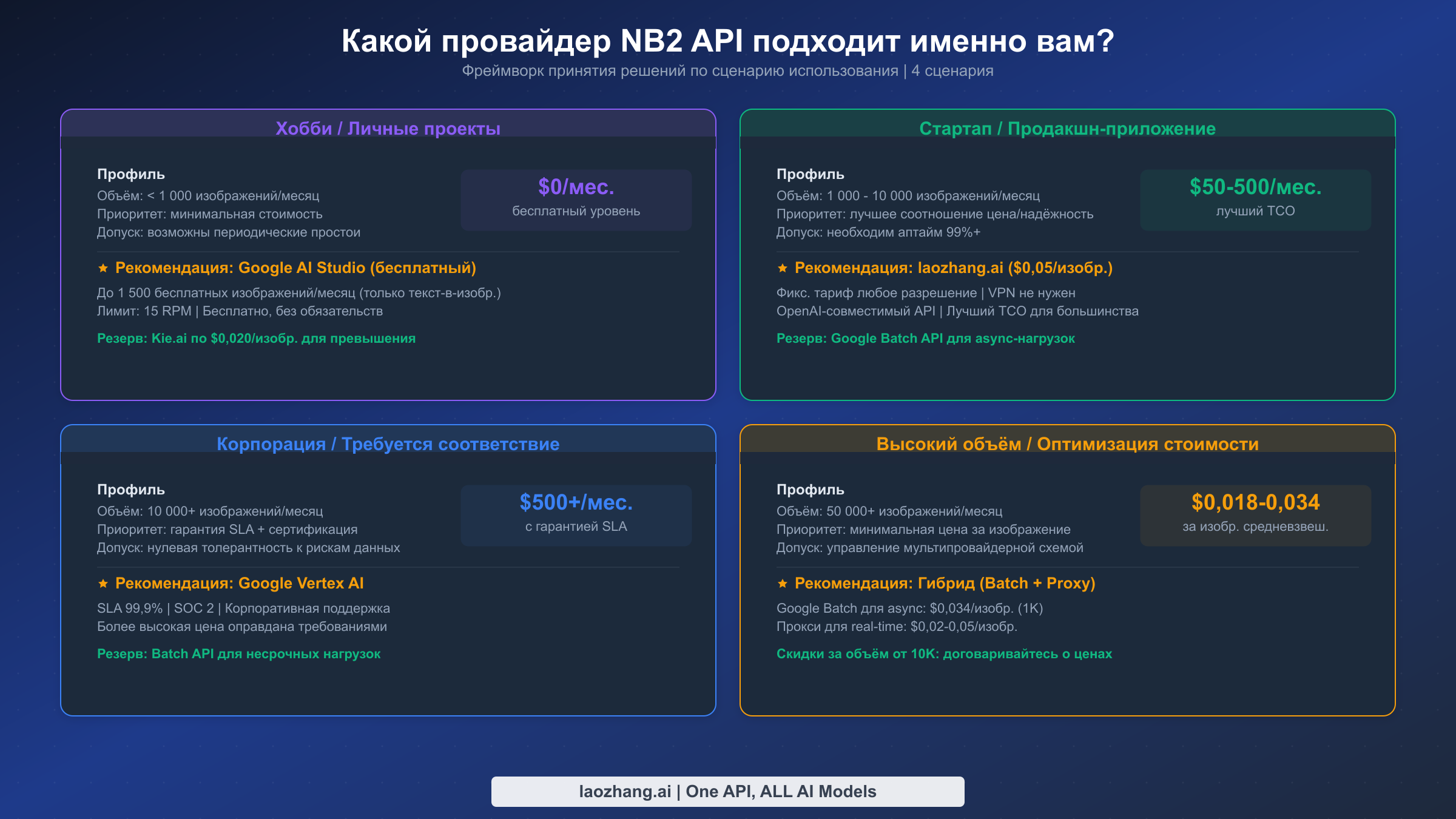 Фреймворк принятия решений с рекомендованными провайдерами NB2 API для четырёх сценариев: хобби, стартап, корпорация и высокий объём