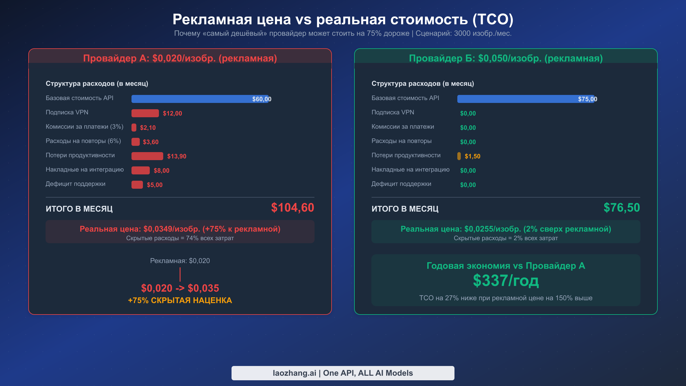 Сравнение совокупной стоимости владения: скрытые расходы увеличивают рекламную цену $0,020 до реальной стоимости $0,035