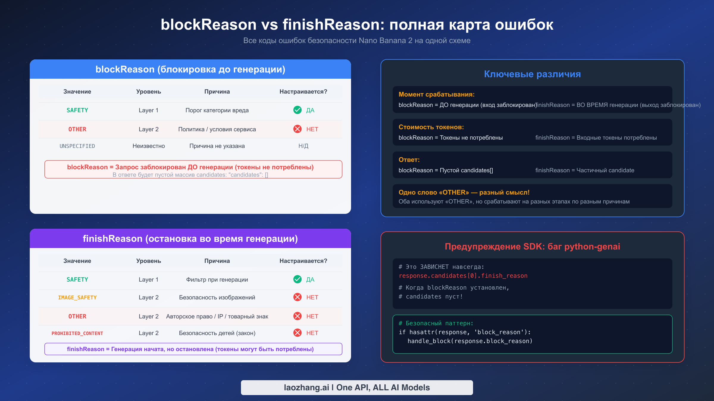 Полная таблица соответствия blockReason и finishReason с кодами ошибок и статусом настраиваемости