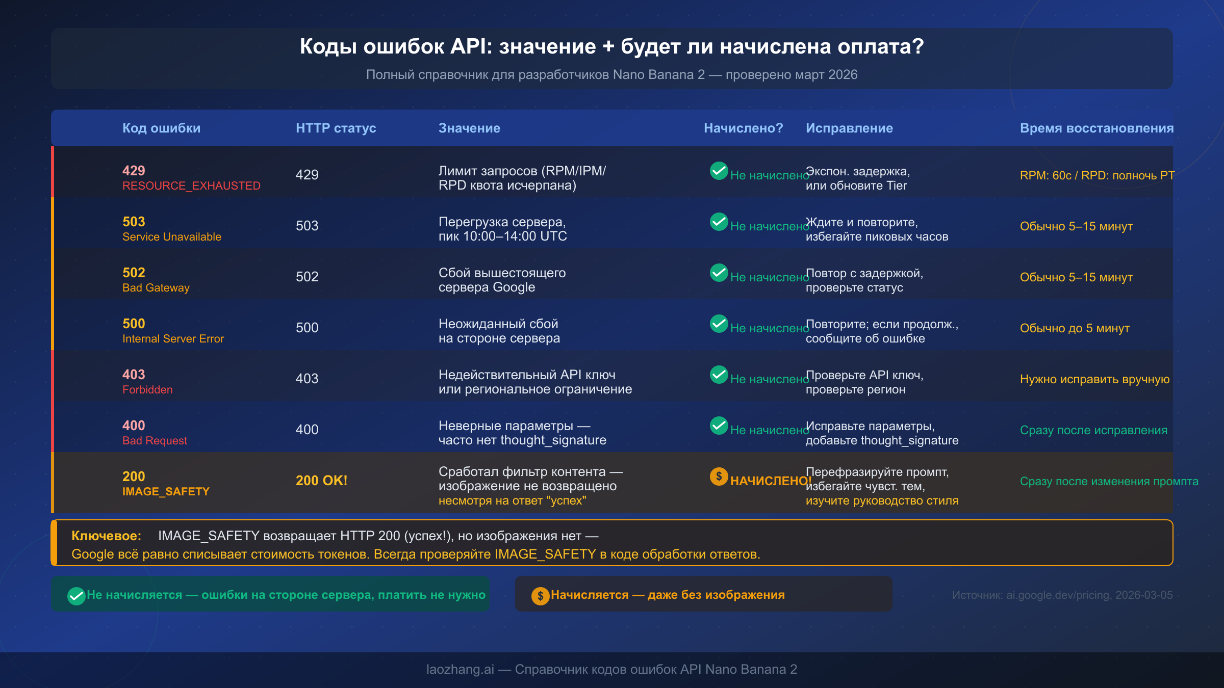 Полная справочная таблица кодов ошибок API Nano Banana 2 со статусом списания для каждой ошибки