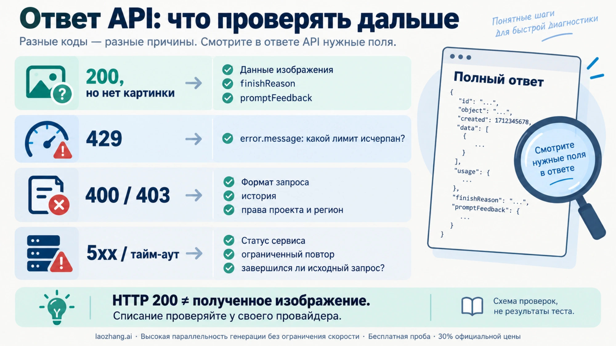 Что проверять в полном ответе API при 200 без картинки, 429, 400, 403 и тайм-ауте
