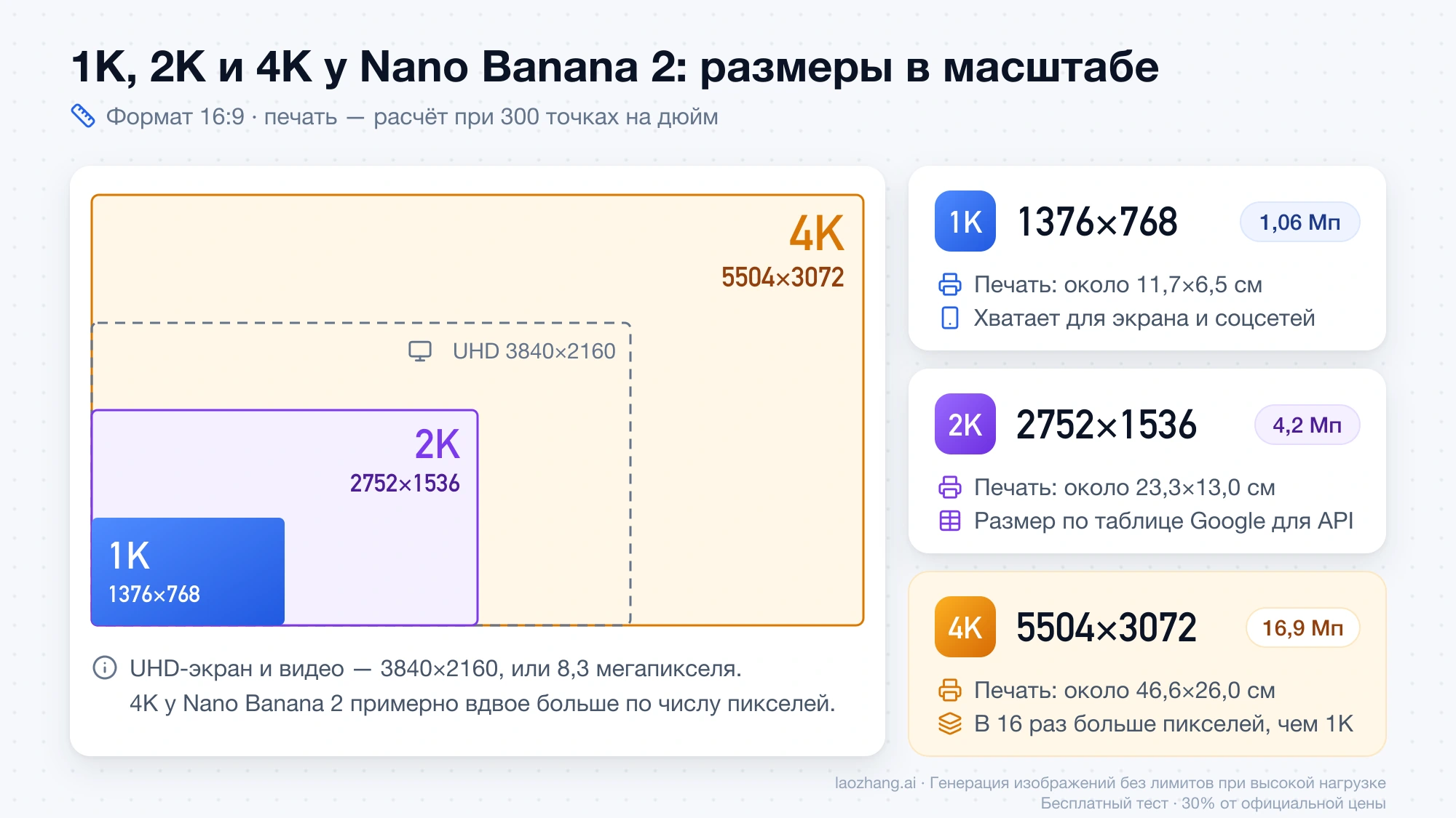 Размеры 1K, 2K и 4K у Nano Banana 2 в одном масштабе рядом с экраном UHD: пиксели, мегапиксели и размер печати при 300 точках на дюйм