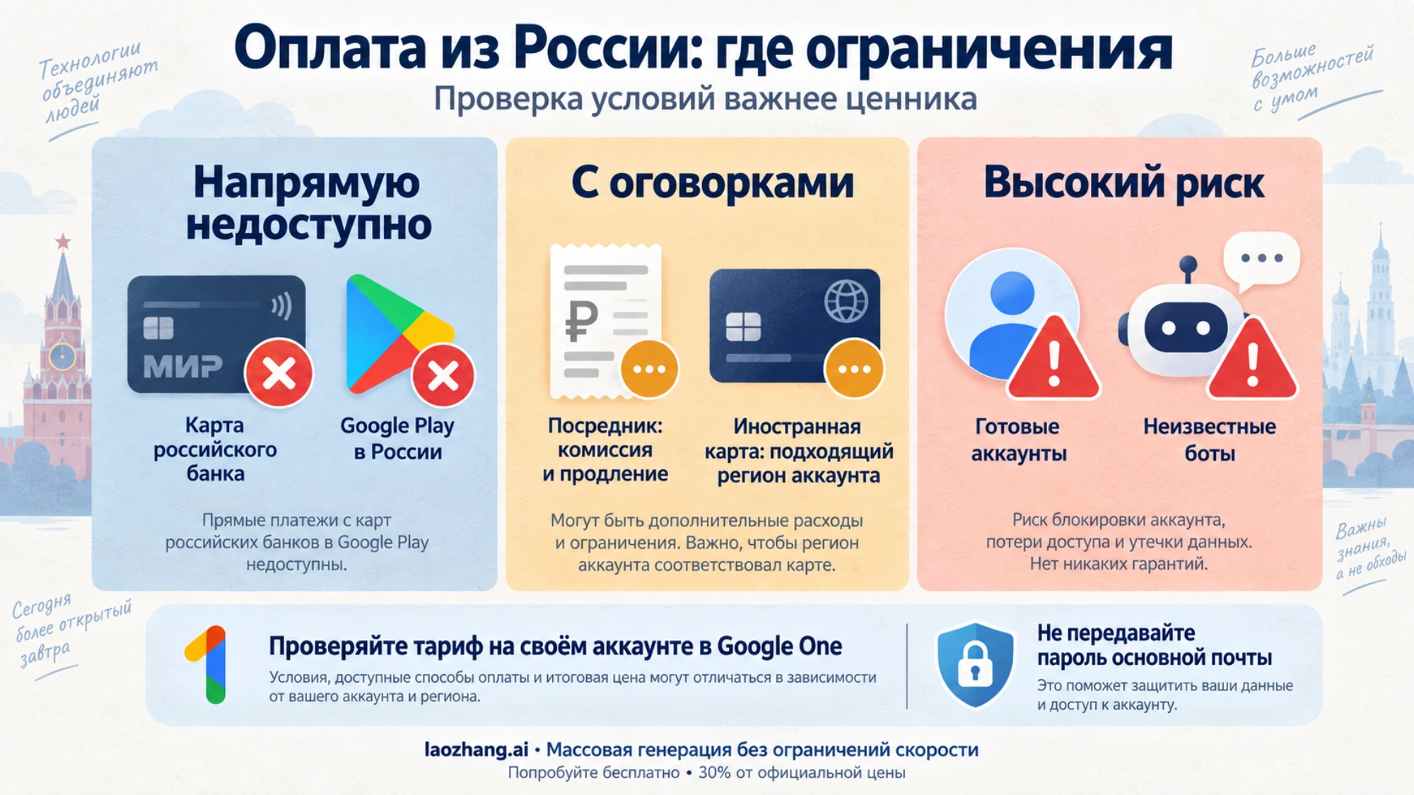 Оплата тарифа Google AI из России: карта российского банка и Google Play не работают, посредник и иностранная карта работают с оговорками, готовые аккаунты и боты не стоят риска
