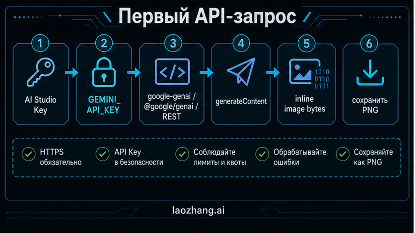 Схема первого официального запроса: от API key к client, generateContent и image output