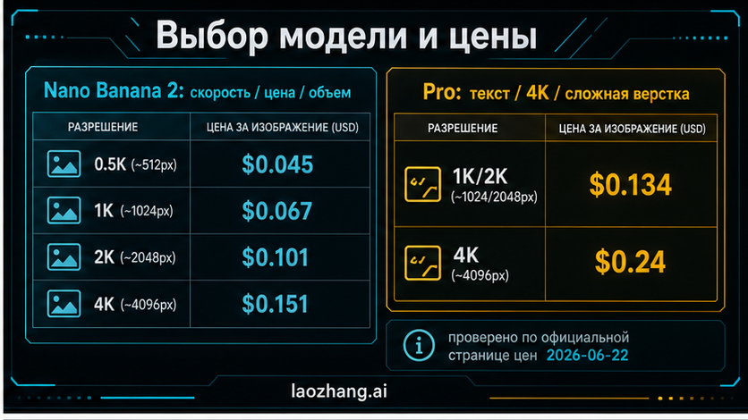 Decision board с разделением Nano Banana 2, Nano Banana Pro и Nano Banana по рабочим сценариям