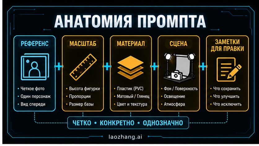 Доска структуры промпта с референсом, масштабом, материалом, доказательством сцены и заметками для исправления
