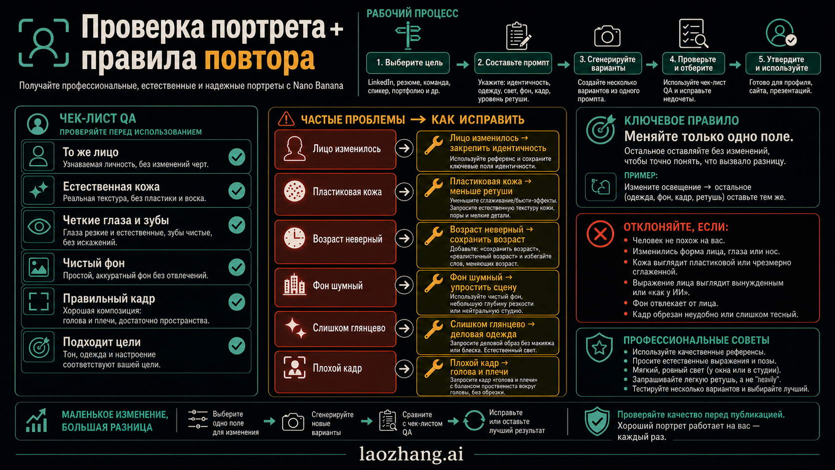 Информационная схема промптов Nano Banana для деловых портретов с назначением, согласием, идентичностью и проверкой качества