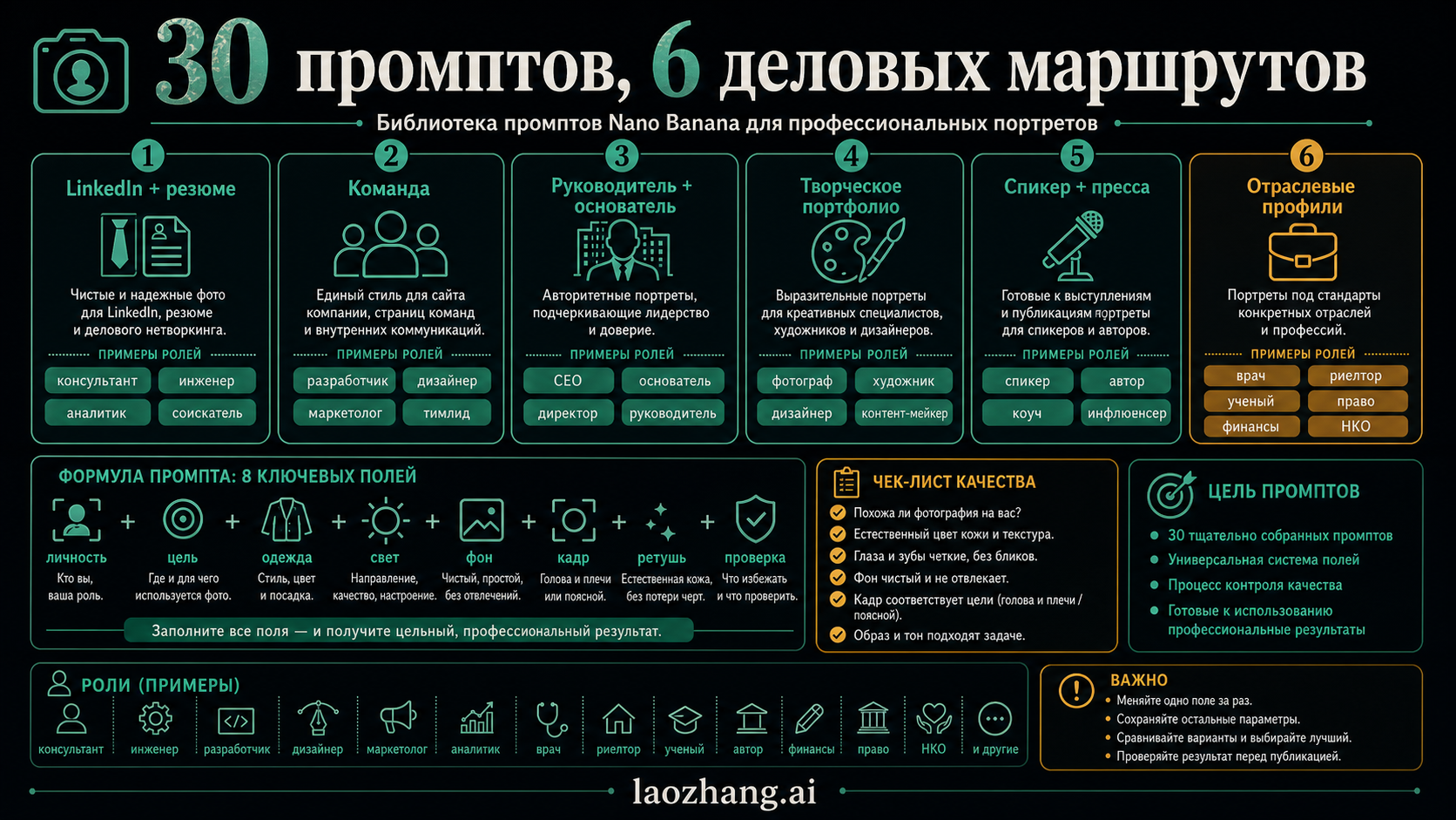 Информационная схема промптов Nano Banana для деловых портретов с назначением, согласием, идентичностью и проверкой качества