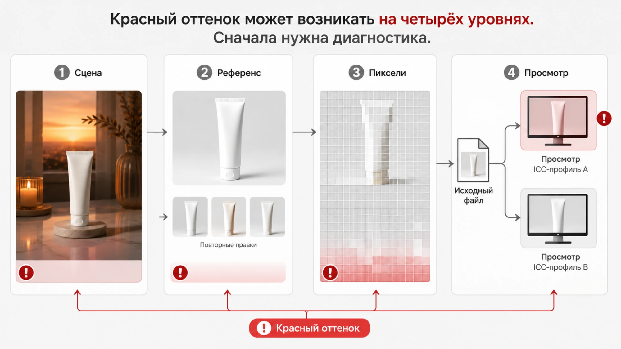 Четыре уровня диагностики красного оттенка Nano Banana: сцена, референсы, пиксели и профиль