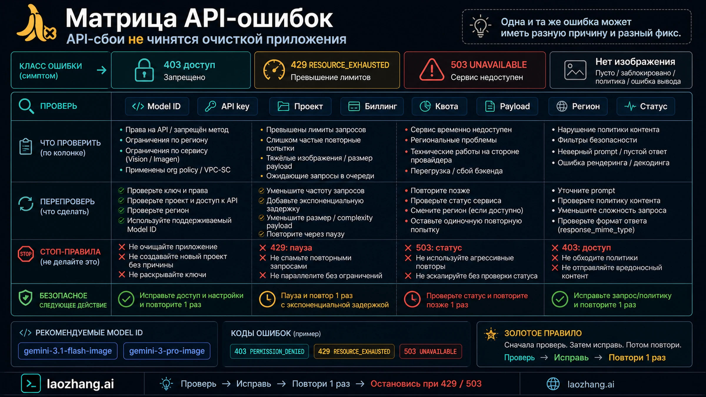 Матрица API ошибок Gemini image generation
