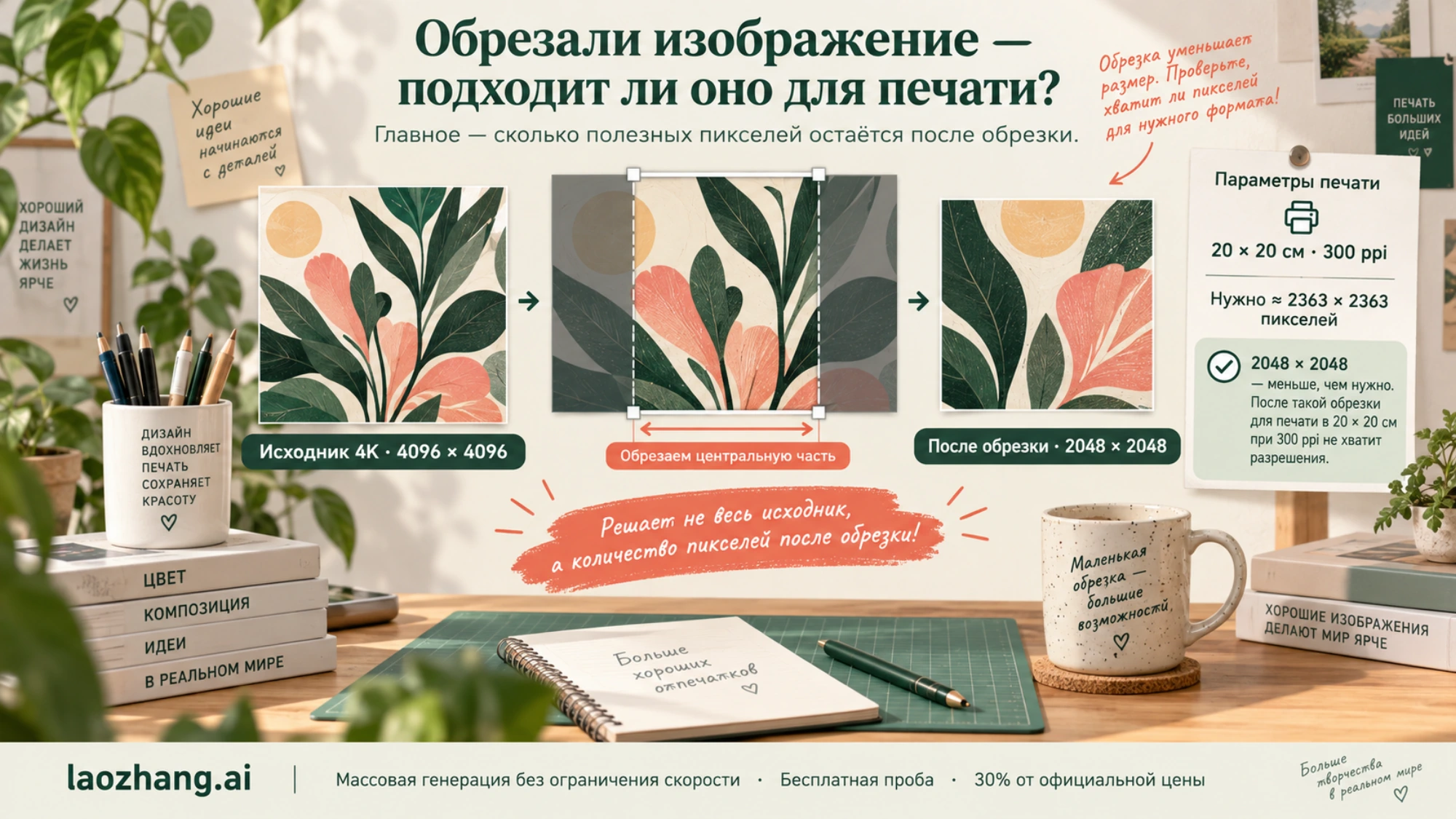 Иллюстрация: обрезка квадратного исходника уменьшает число пикселей, доступных для печати
