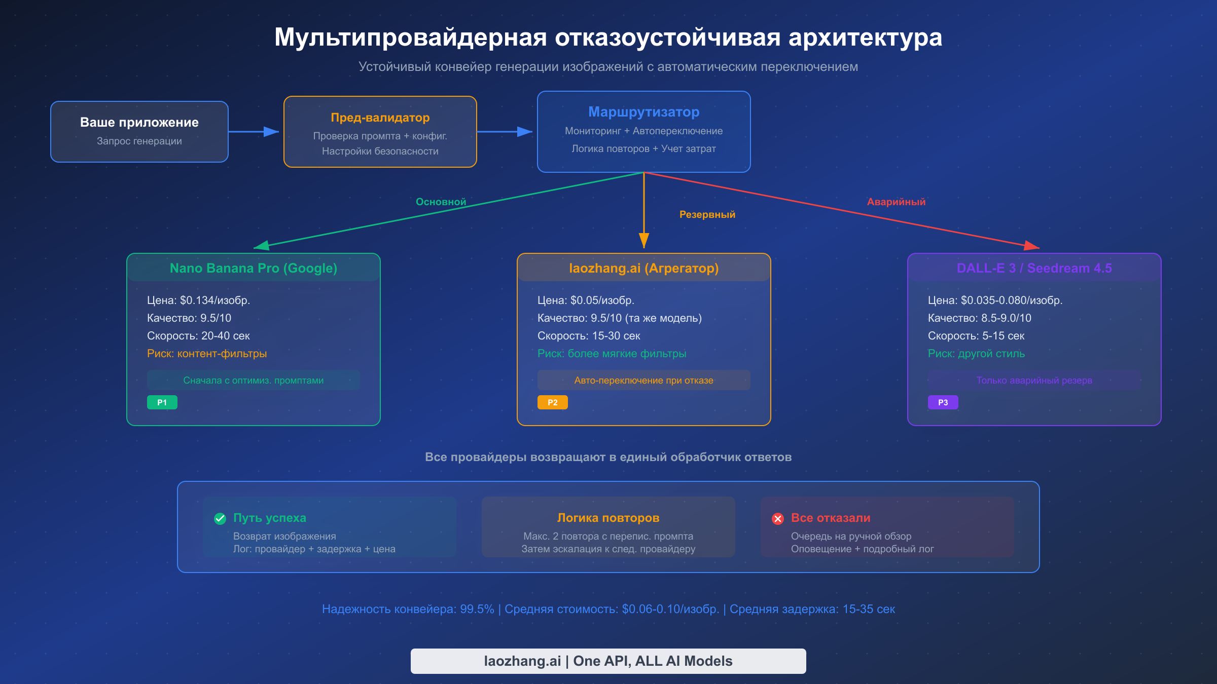 Архитектурная диаграмма мультипровайдерного конвейера с основным, резервным и аварийным провайдерами