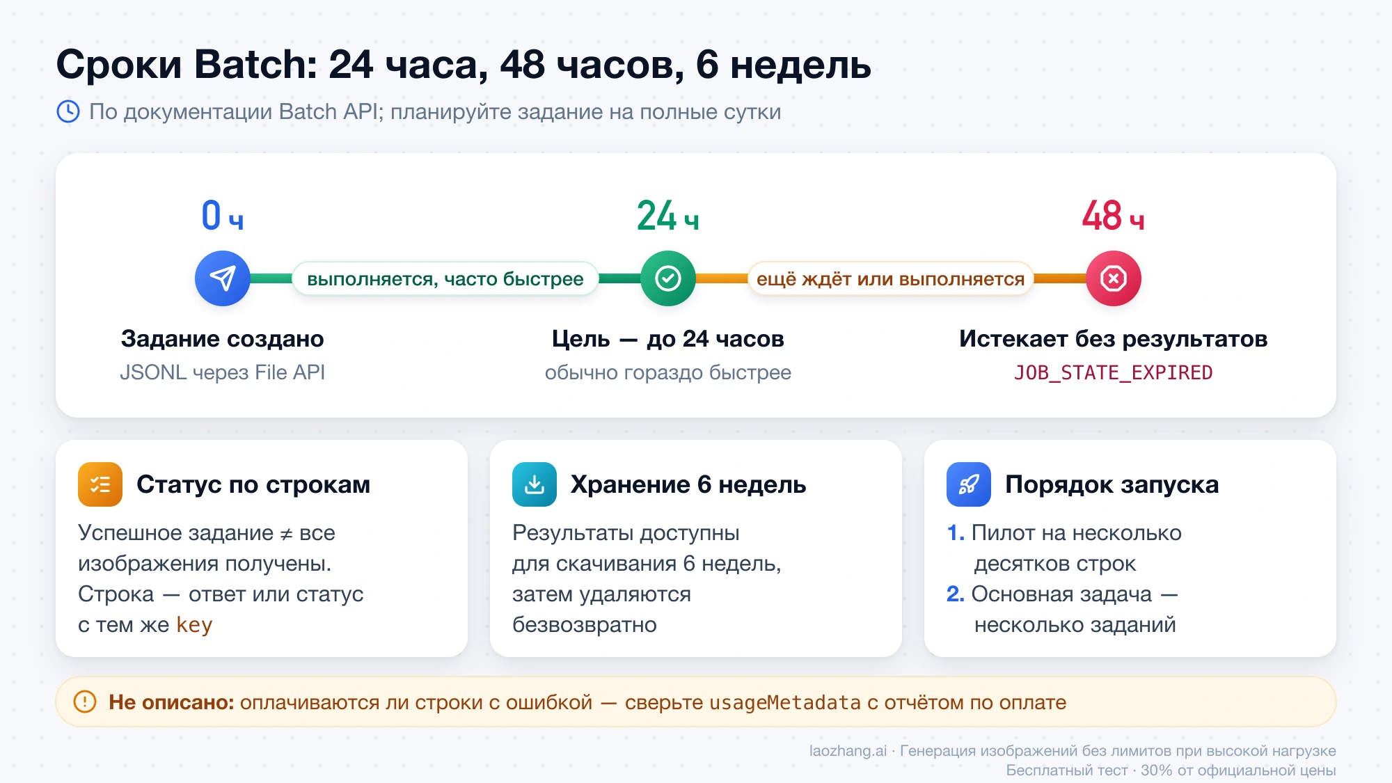 Сроки Batch API: цель выполнения до 24 часов, истечение через 48 часов со статусом JOB_STATE_EXPIRED и хранение результатов 6 недель