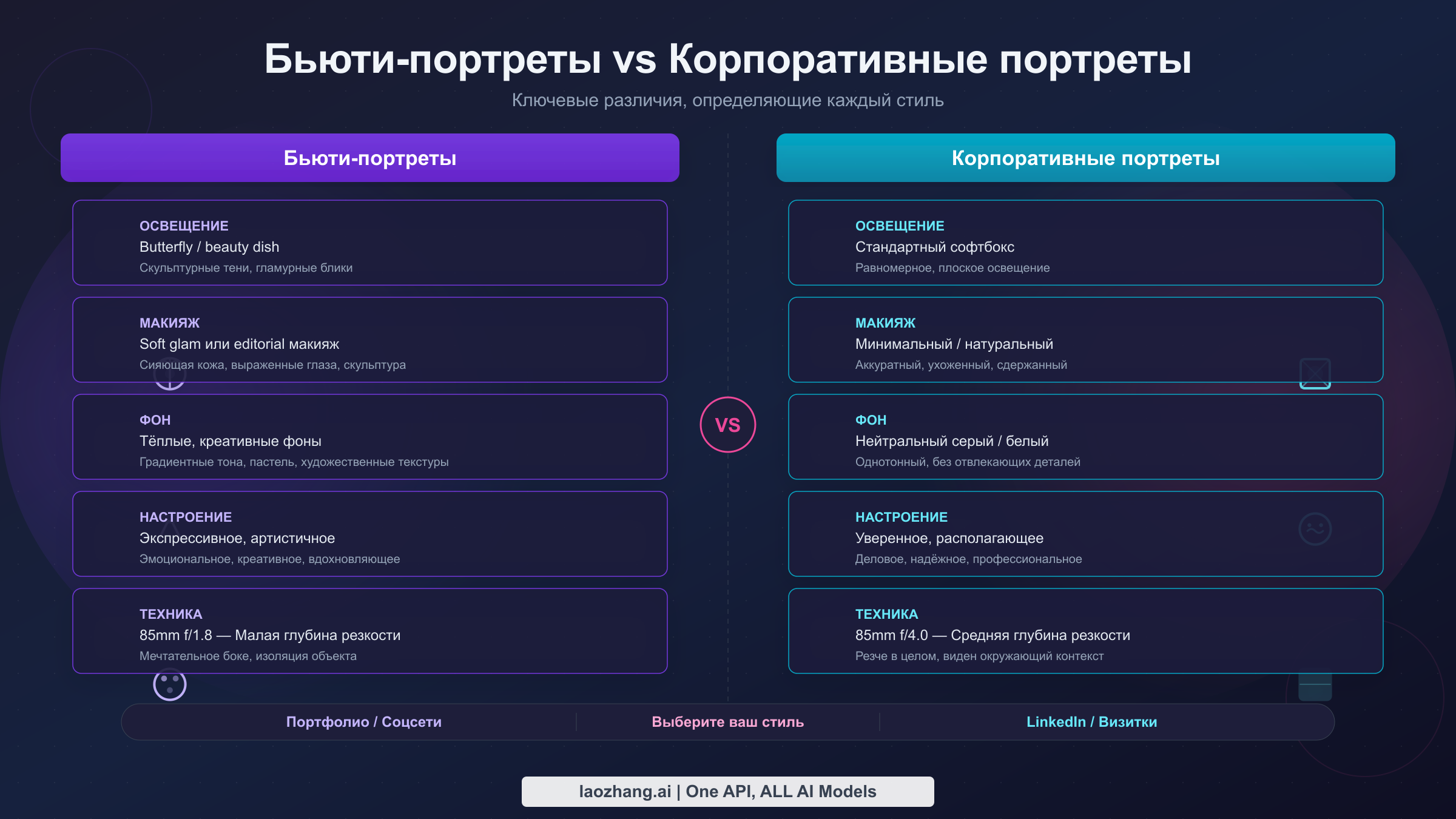 Сравнение стилей бьюти-портрета и корпоративного фото по освещению макияжу и настроению