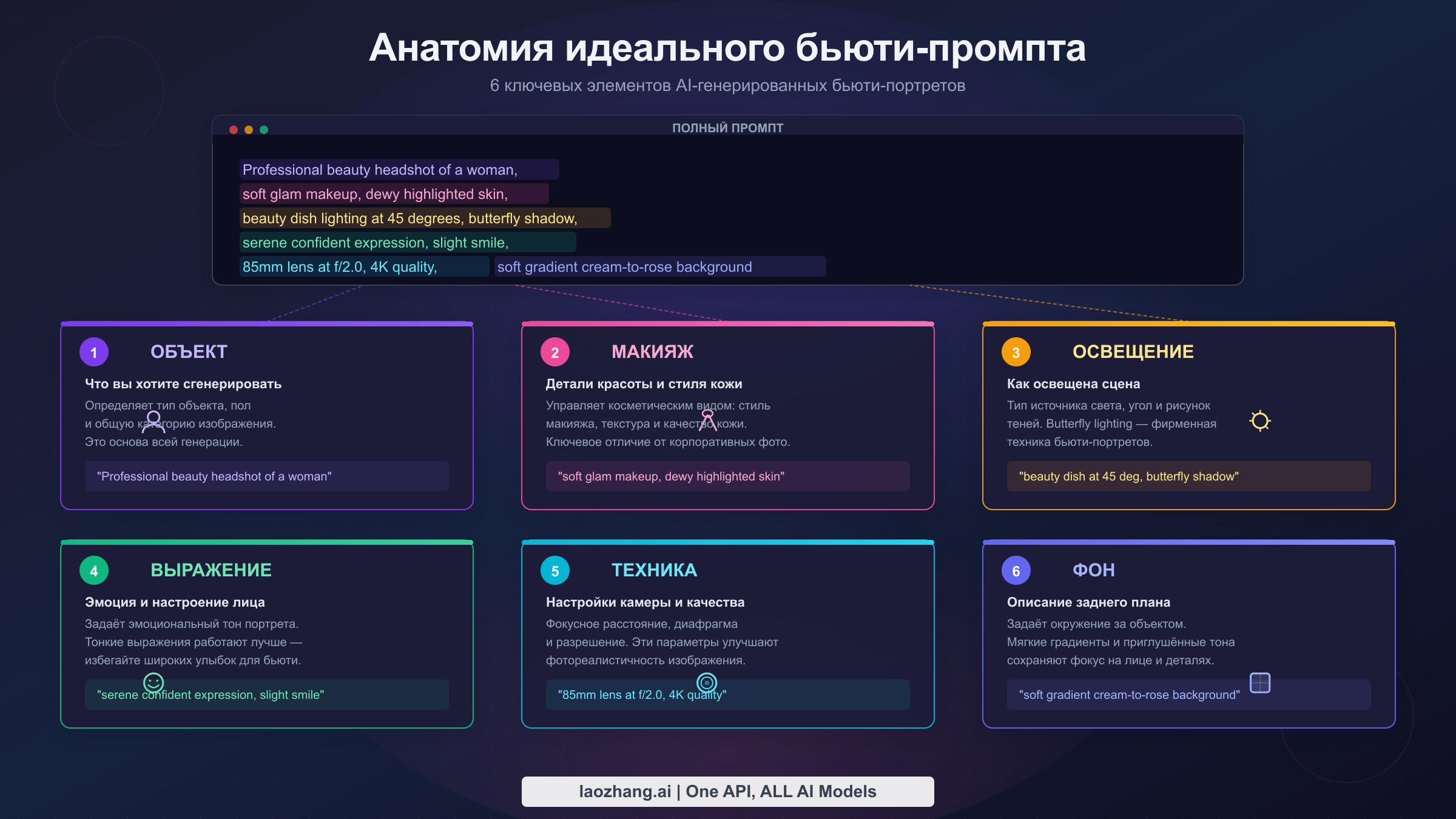 Анатомия промпта для бьюти-портрета с ключевыми элементами освещение макияж кожа и выражение