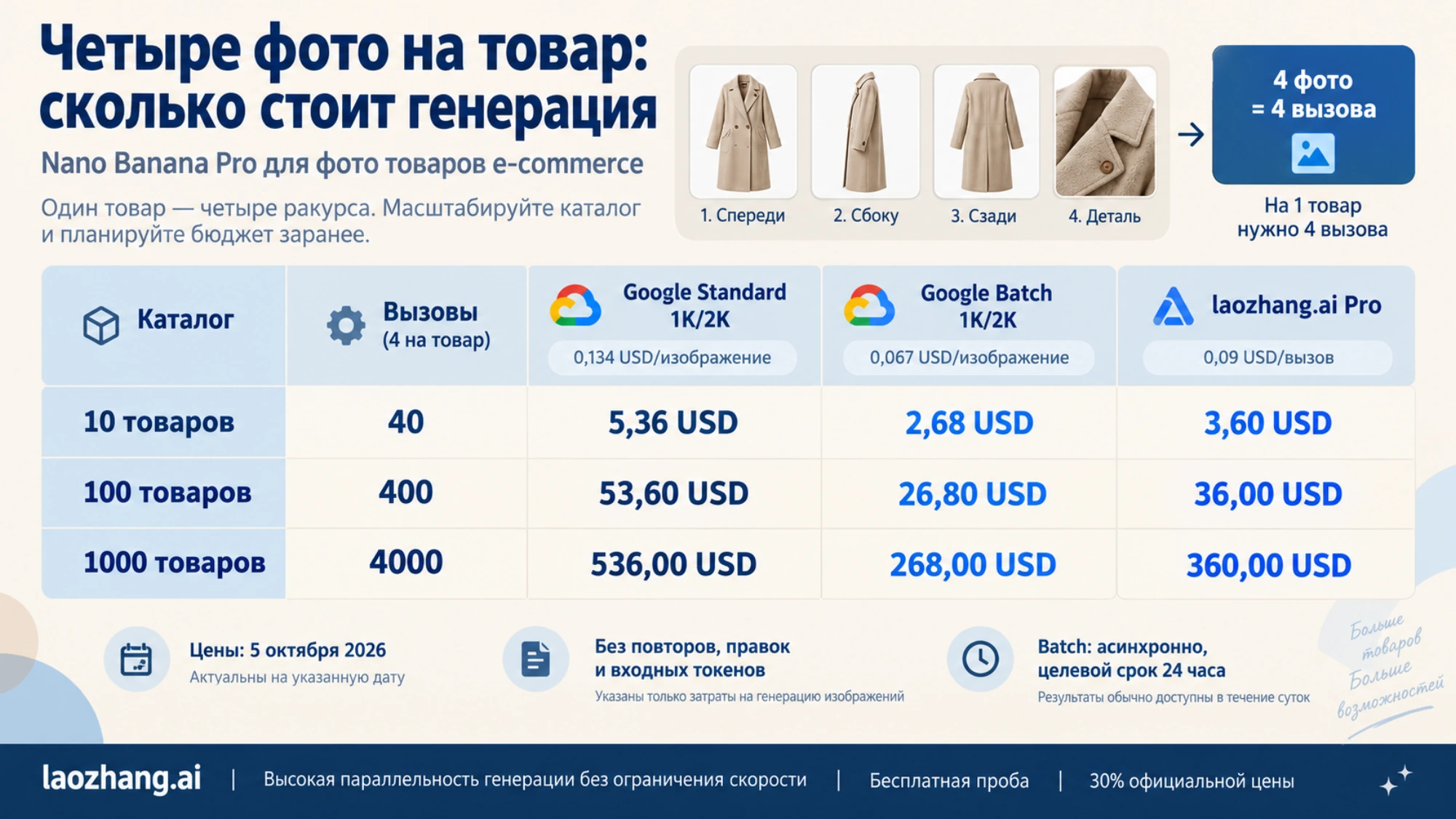 Бюджет четырёх фото на товар в Google Standard, Batch и laozhang.ai
