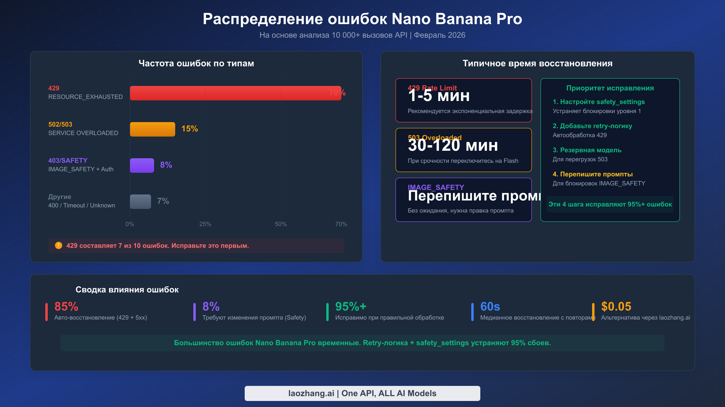 Диаграмма распределения ошибок, показывающая что ошибки лимита запросов 429 составляют 70 процентов всех сбоев Nano Banana Pro с указанием времени восстановления