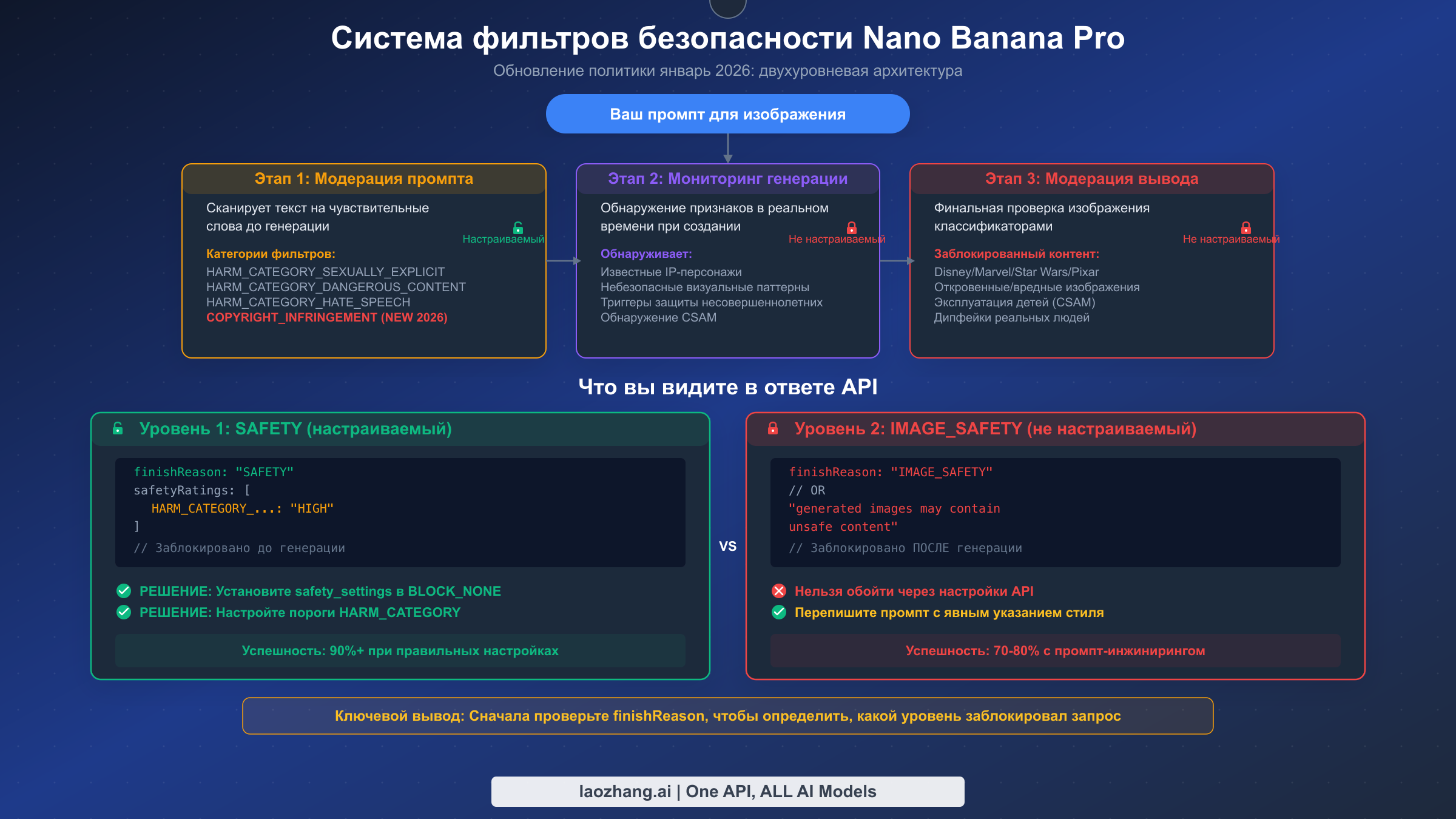 Система фильтров безопасности Nano Banana Pro с трёхэтапной архитектурой и сравнением настраиваемого уровня 1 и ненастраиваемого уровня 2