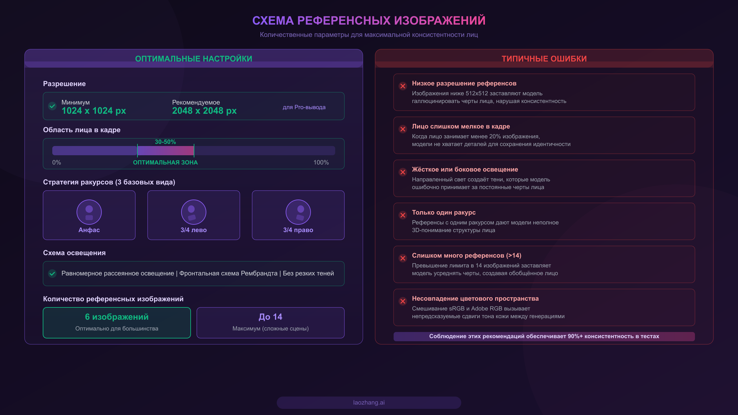 Схема референсных изображений с оптимальными настройками и типичными ошибками для консистентности лиц Nano Banana Pro