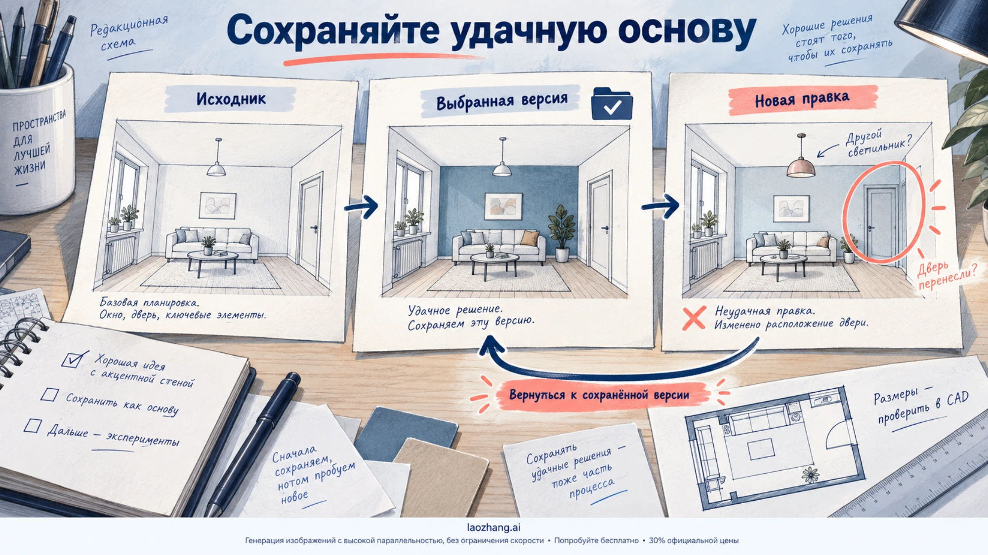 Редакционная схема сохранения выбранного интерьерного варианта и возврата к нему после неудачной правки