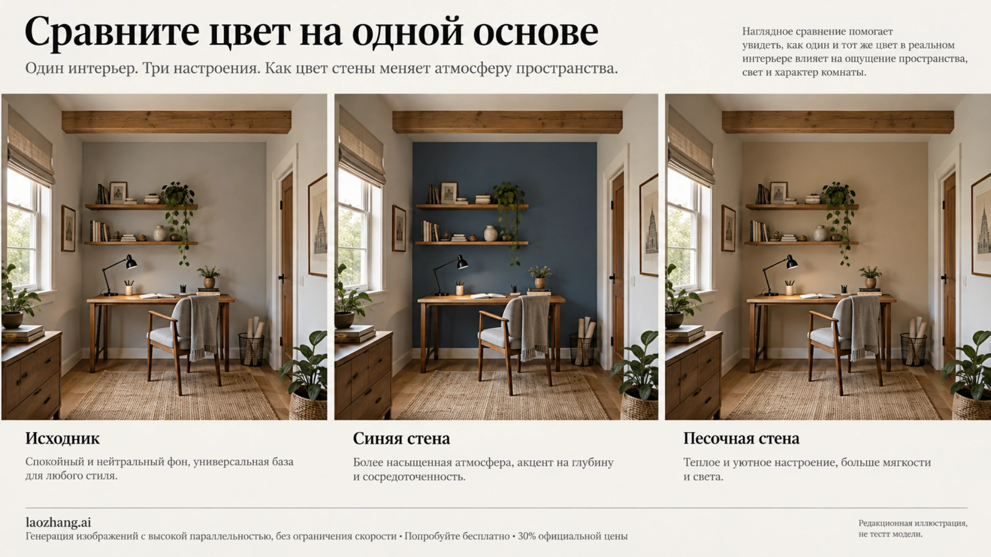Редакционная иллюстрация сравнения исходного кабинета с вариантами синей и песочной стены