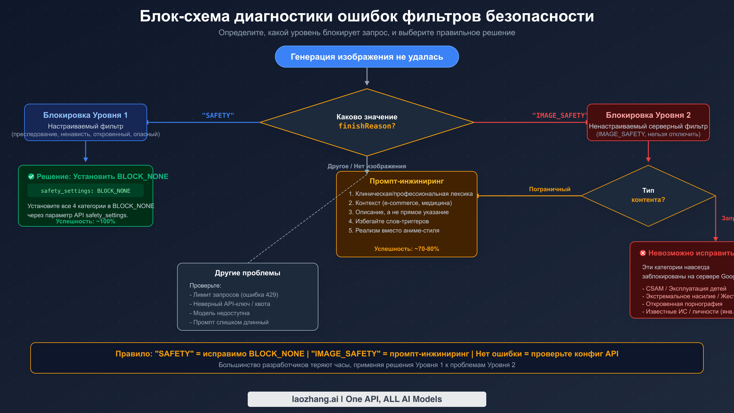Блок-схема диагностики ошибок фильтров безопасности Nano Banana Pro с путями принятия решений для SAFETY и IMAGE_SAFETY