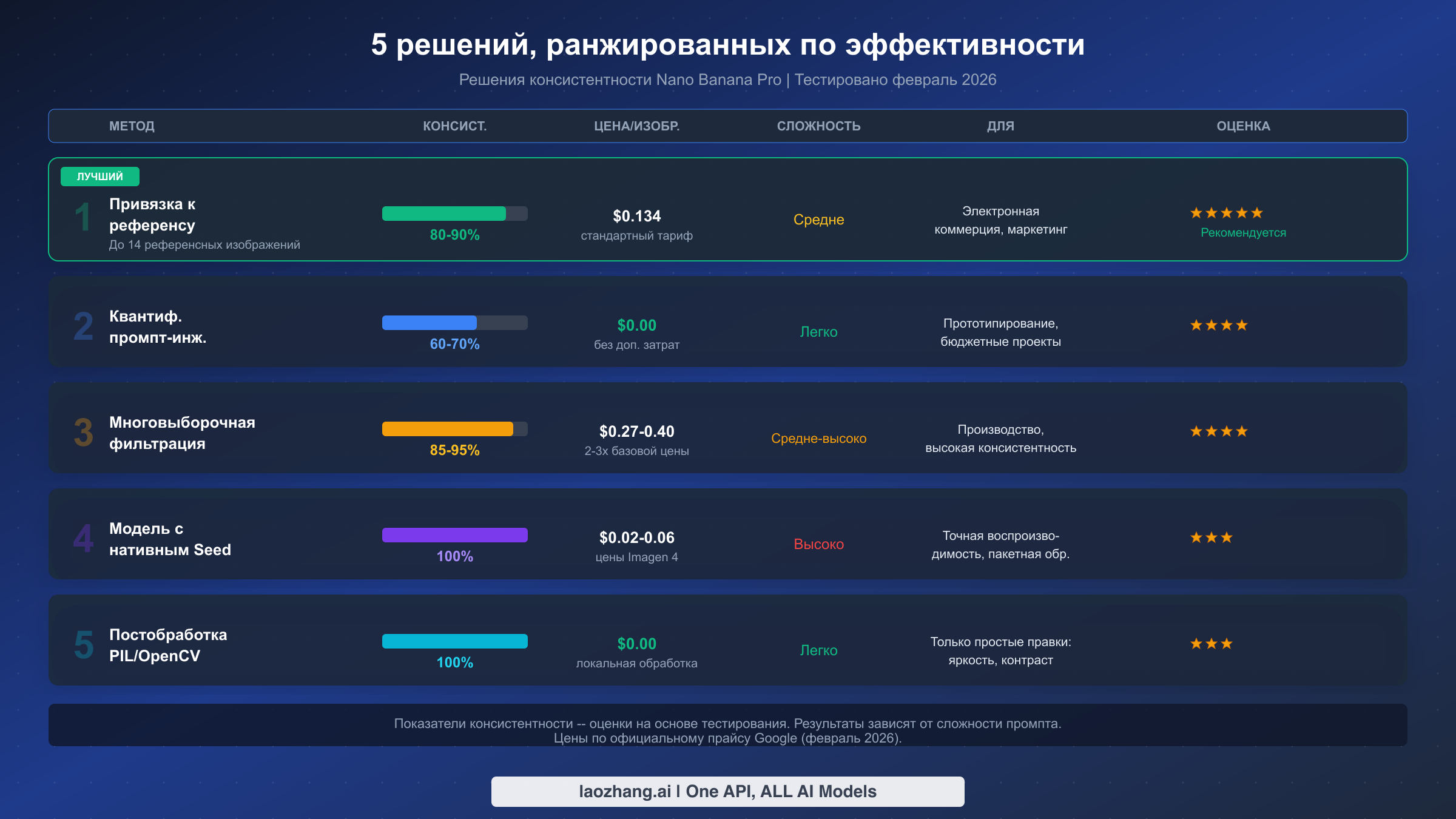 Сравнительная таблица ранжирования пяти обходных решений для консистентности Nano Banana Pro по эффективности, стоимости и сложности