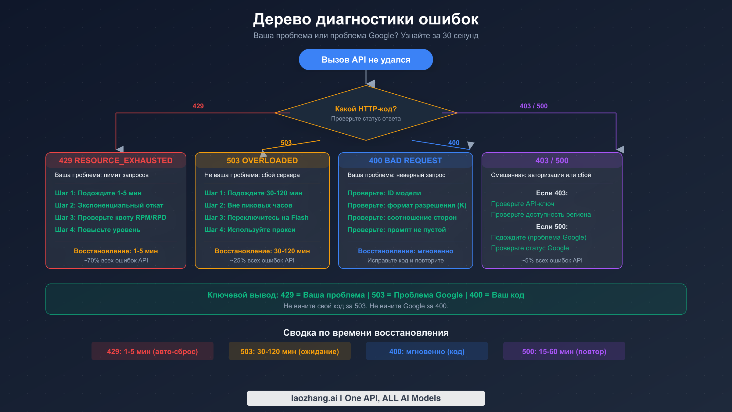 Дерево принятия решений при диагностике ошибок, показывающее, как определить, является ли сбой API ошибкой лимита, сервера или клиента
